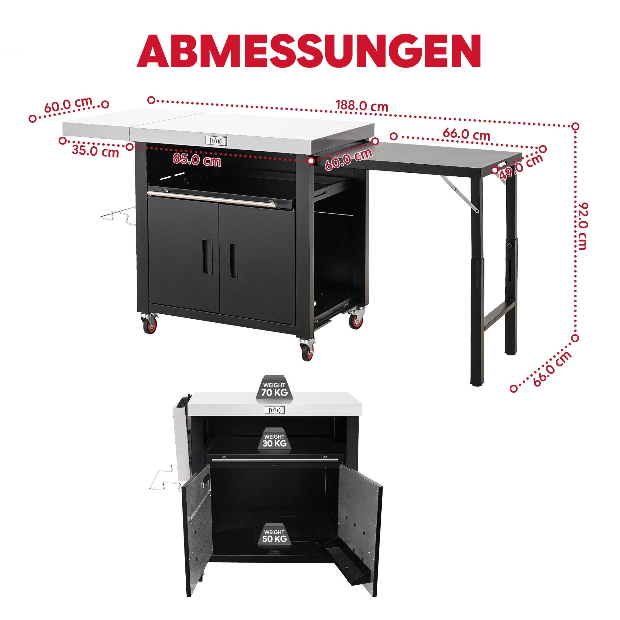 Feasto Servierwagen Multifunktionaler Grillwagen mit Schrank & ausklappbarem Beistelltisch, Grilltisch aus Edelstahl, Maße 188 x 66 x 92 cm für Garten & Küche