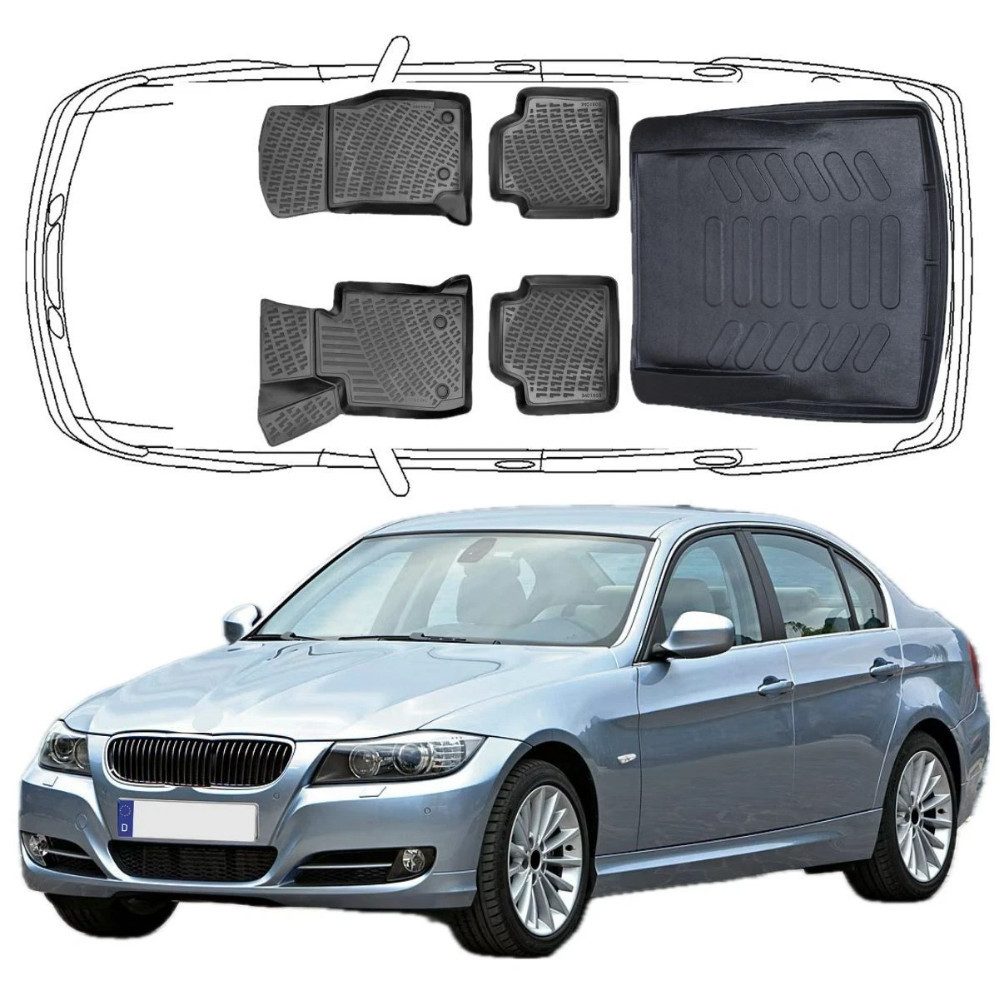 Trimak Passform-Fußmatten Oder Kofferraumwanne Oder Set für BMW 3er, BMW 3'er E90 2005-2011 Sedan Limousine Gummimatten & Kofferraummatte