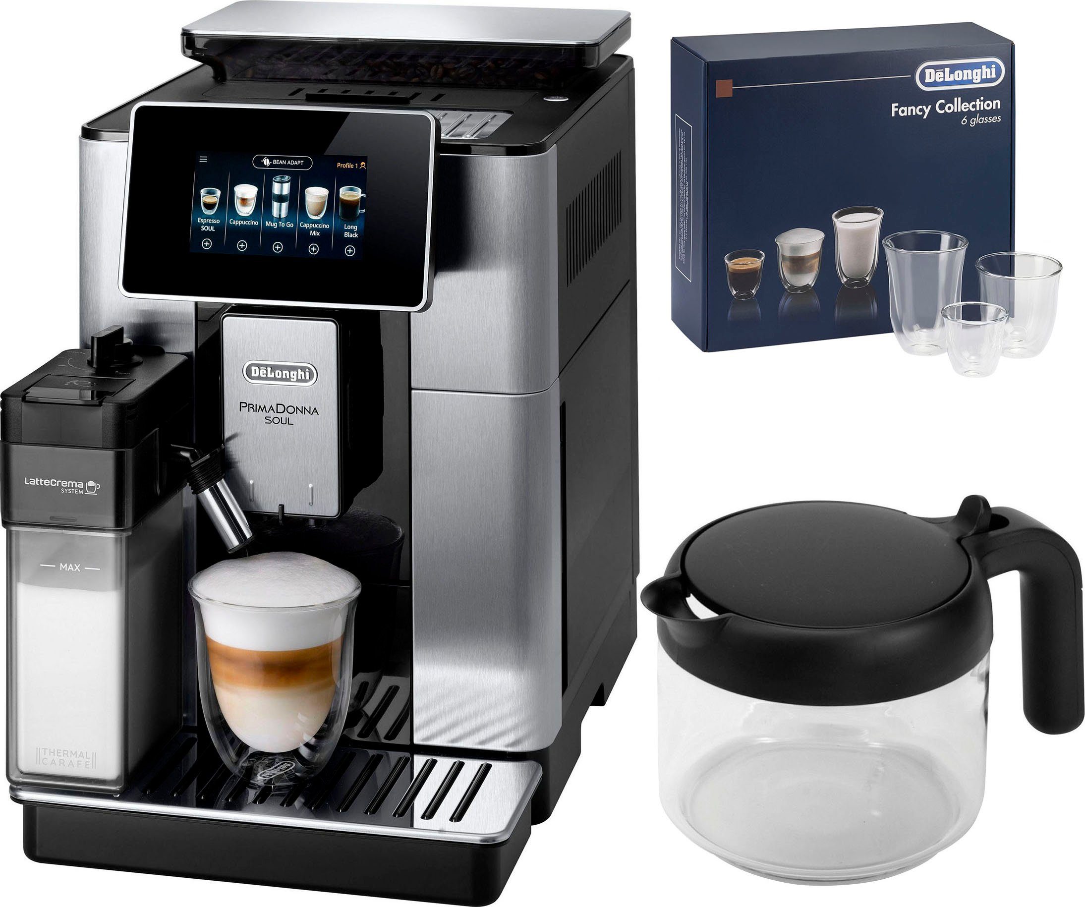 De'Longhi Kaffeevollautomat PrimaDonna Soul Gläser-Set ECAM im von 610.75.MB, 46,90 Wert UVP € € inkl. Kaffeekanne UVP + 29,99