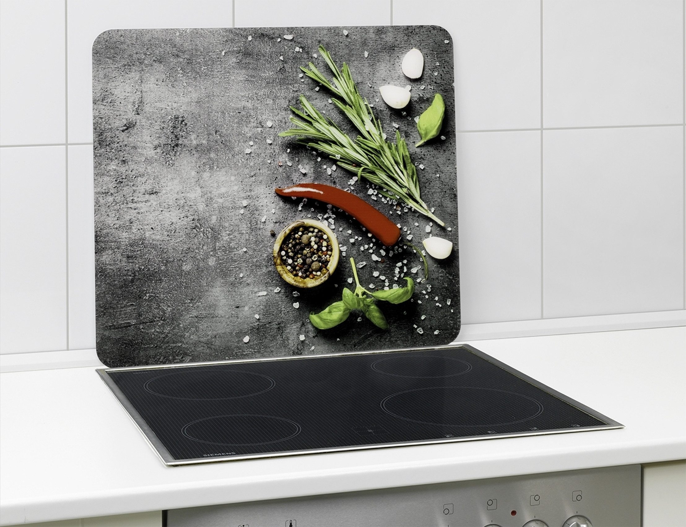 Maximex Schneide- und Abdeckplatte Modell Rosmarin, Glas, Spritzschutz, Herdblende, Schneidbrett, für Glaskeramik-Kochfelder