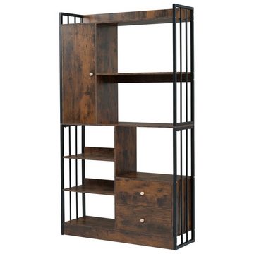 Ulife Bücherregal Bücherregal, 6 Regale, vertikale Regale mit Türen und Schubladen, Stahlregale, braun, 100x30x173,5cm