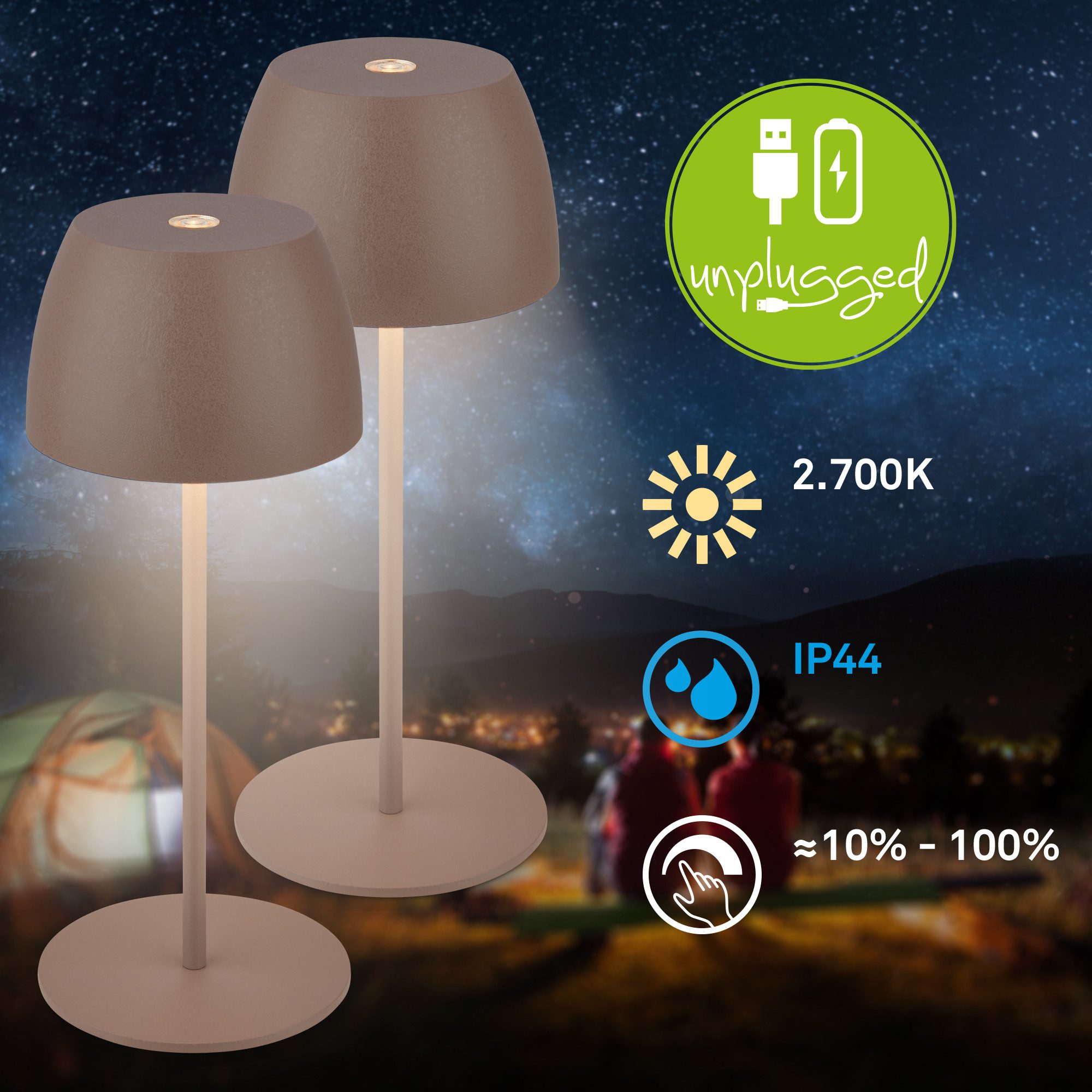 Briloner Leuchten LED Außen-Tischleuchte SERINA MINI, Dimmfunktion, LED fest integriert, Warmweiß, kabellos 20 x 8 cm Umbrasand 2,5W Wohnzimmer Schlafzimmer 2er-Set