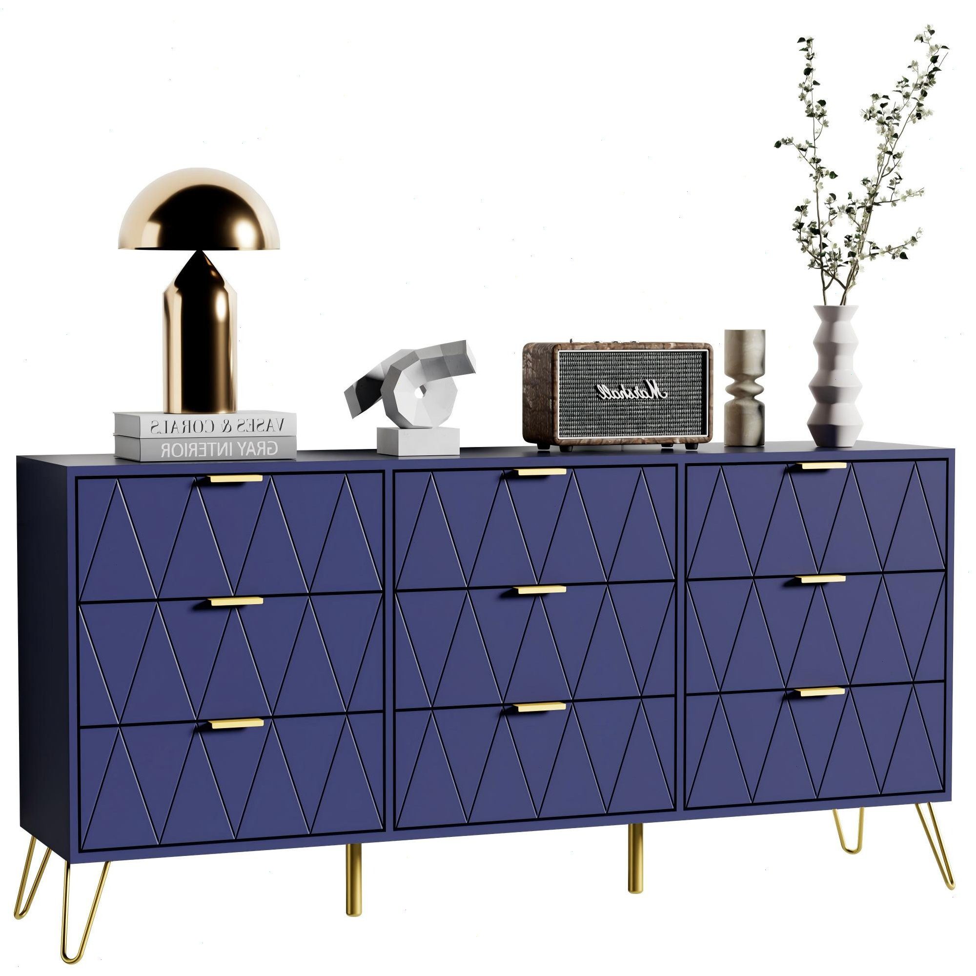 UEV Kommode mit 9 Schublanden, Sideboard groß, TV Board Schubladenschrank Buffet (2 Packung, Schubladenschrank für Wohnzimmer Schlafzimmer Flur), Kippsicherung 150x34x74cm Aufbewahrungsschrank Schmal kommode