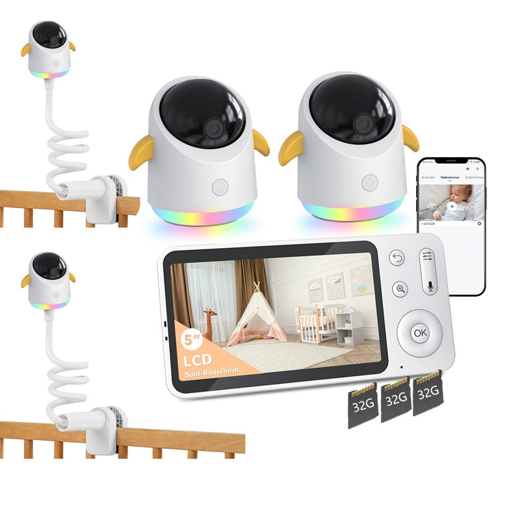 Babyphone 2K Babyphone mit 2 Kameras 5" Display Video Babyfon mit App mit Halter