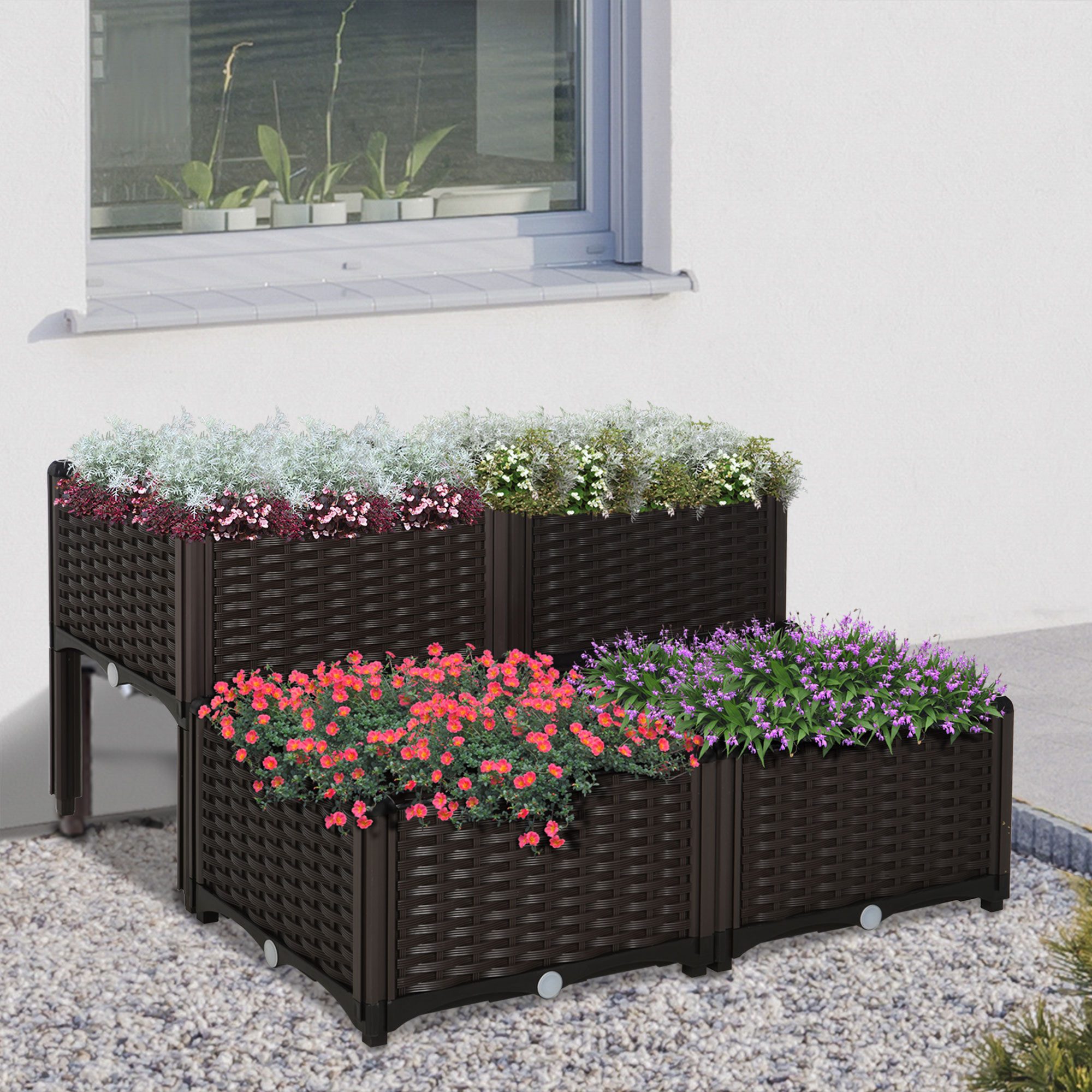 Outsunny Hochbeet Pflanzkasten mit Abflusslöchern (Blumenständer, 4 St., Blumenkasten), für Garten, Balkon, Braun