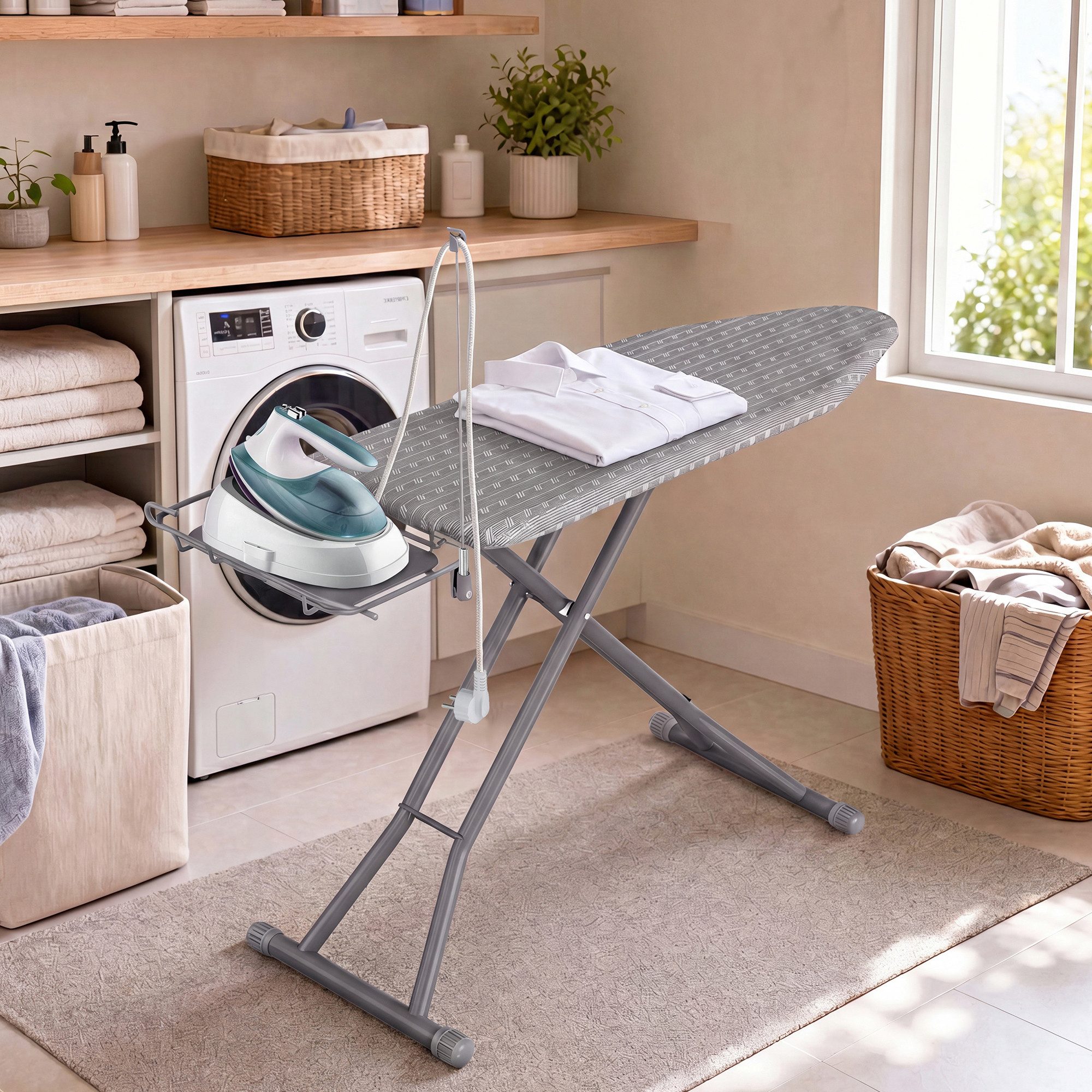 SONGMICS Bügelbrett klappbar, höhenverstellbar, mit Ablage 122 x 38/135 x 48 cm Bügelfläche