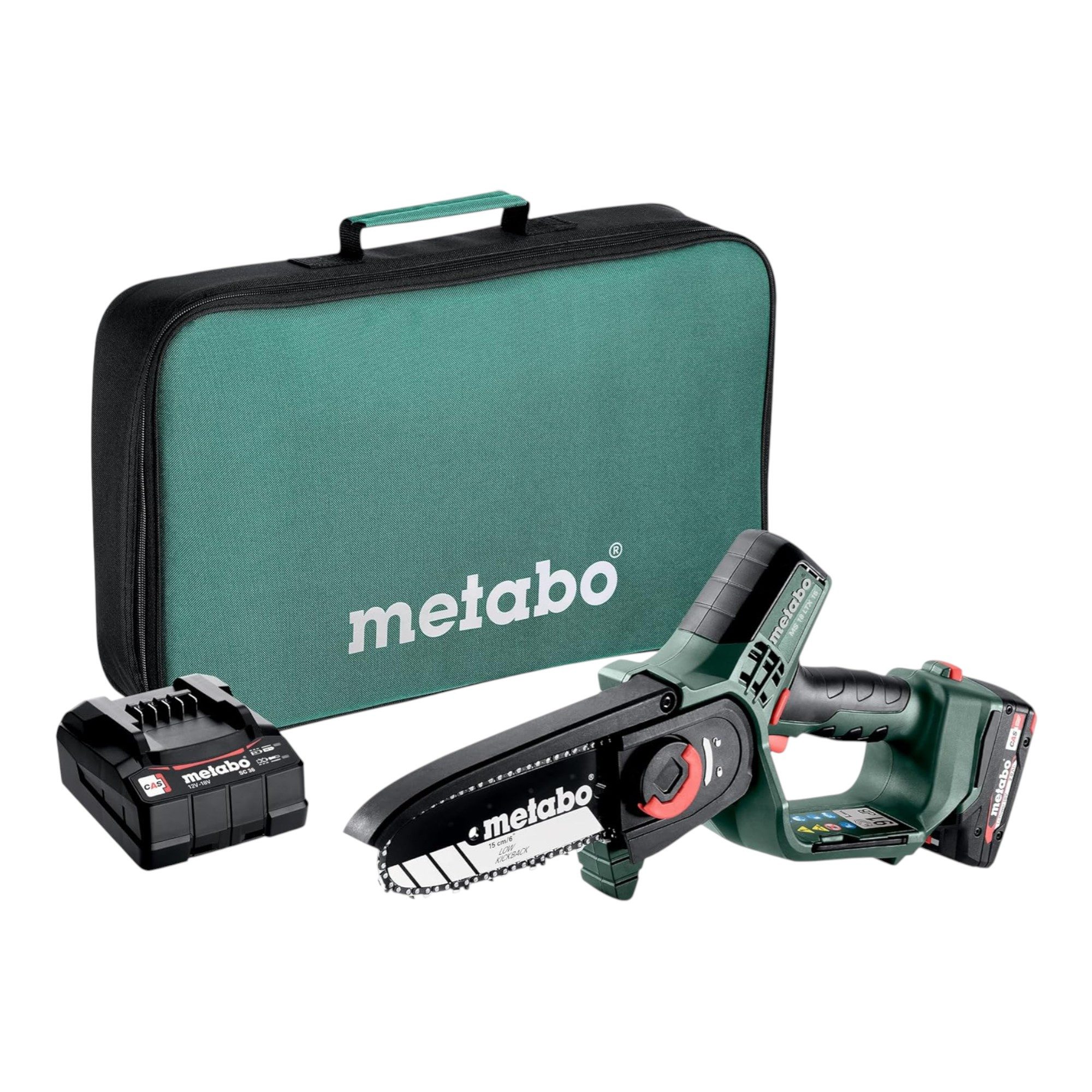 metabo Akku-Kettensäge MS 18 LTX 15 Gehölzsäge 15 cm 5 m/s + 1x Akku 2,0 Ah + Lader + Tasche