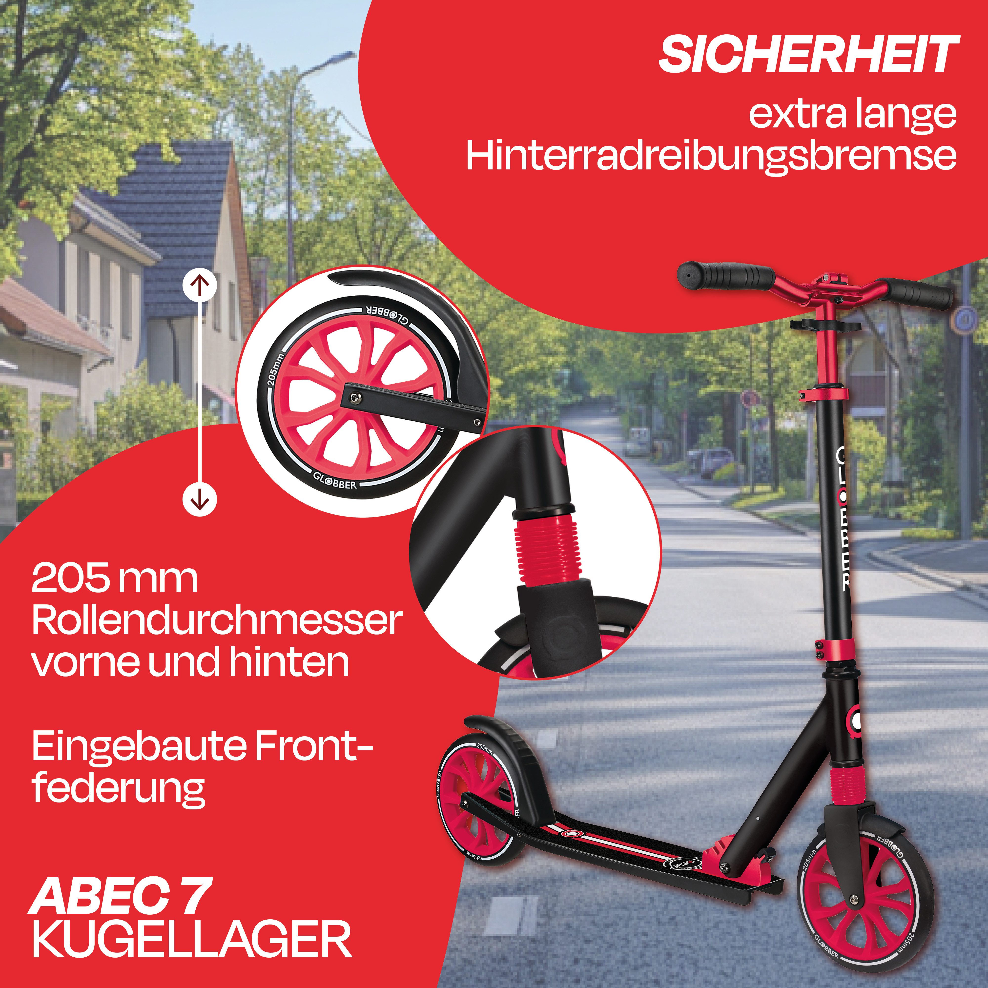 Globber Tretroller NL 205 Scooter - Für Kinder, Teens & Erwachsene, ABEC 7, Federung, Frontfederung PU-Rollen 205 mm Alu-Deck, Antirutsch