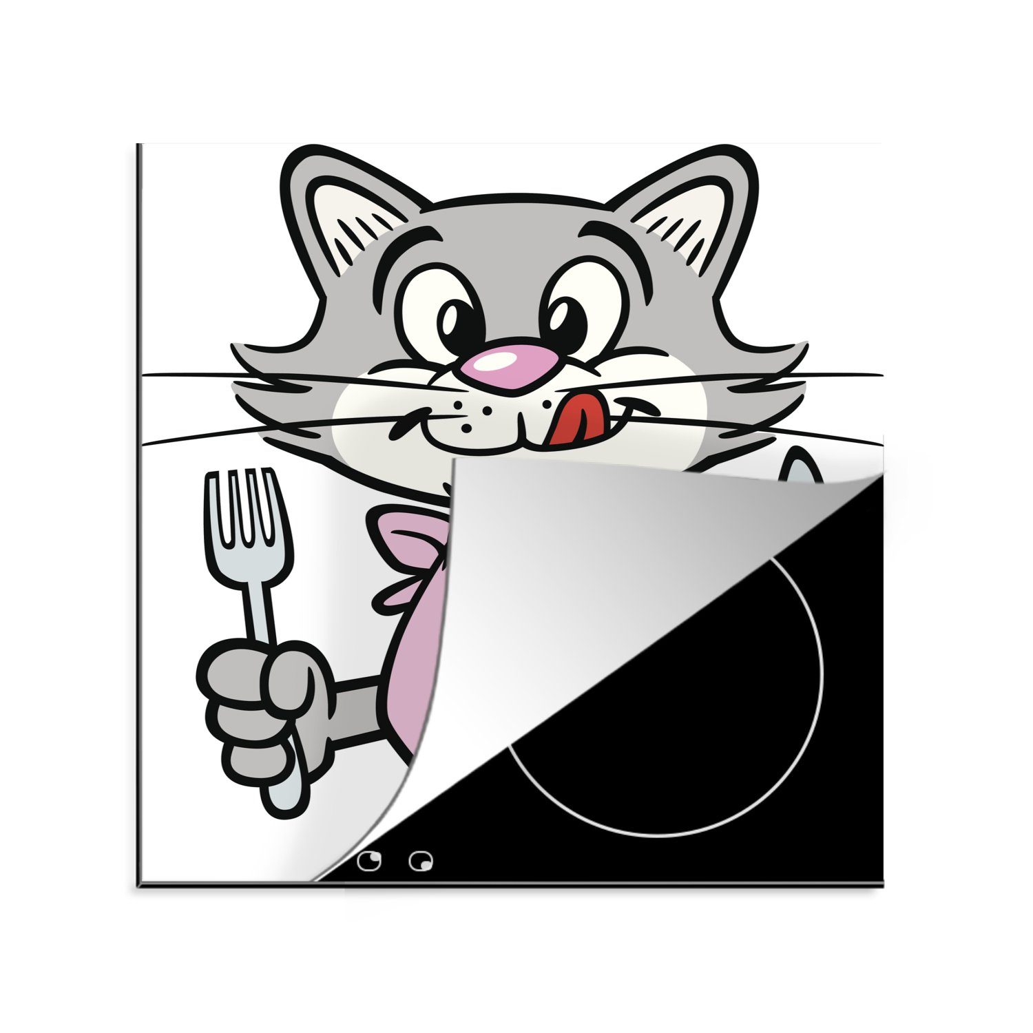 Grau, 78x78 Besteck Katze (1 Ceranfeldabdeckung, MuchoWow Arbeitsplatte - Herdblende-/Abdeckplatte küche - tlg), cm, Vinyl, für