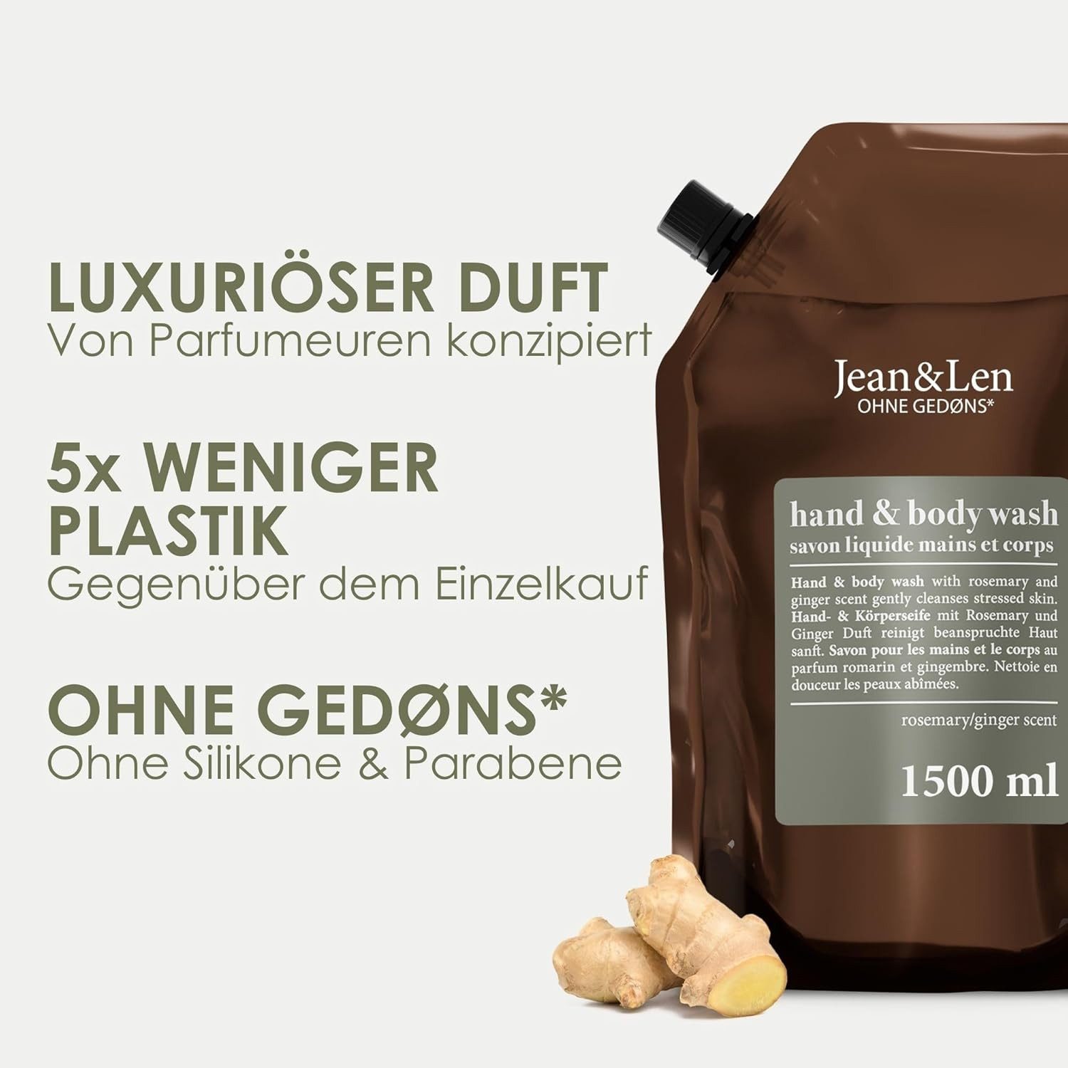 Jean & Len ohne Gedons* Handseife Hand & Body Wash Rosemary und Ginger im Nachfüllbeutel, 1,5 L, 1-tlg.