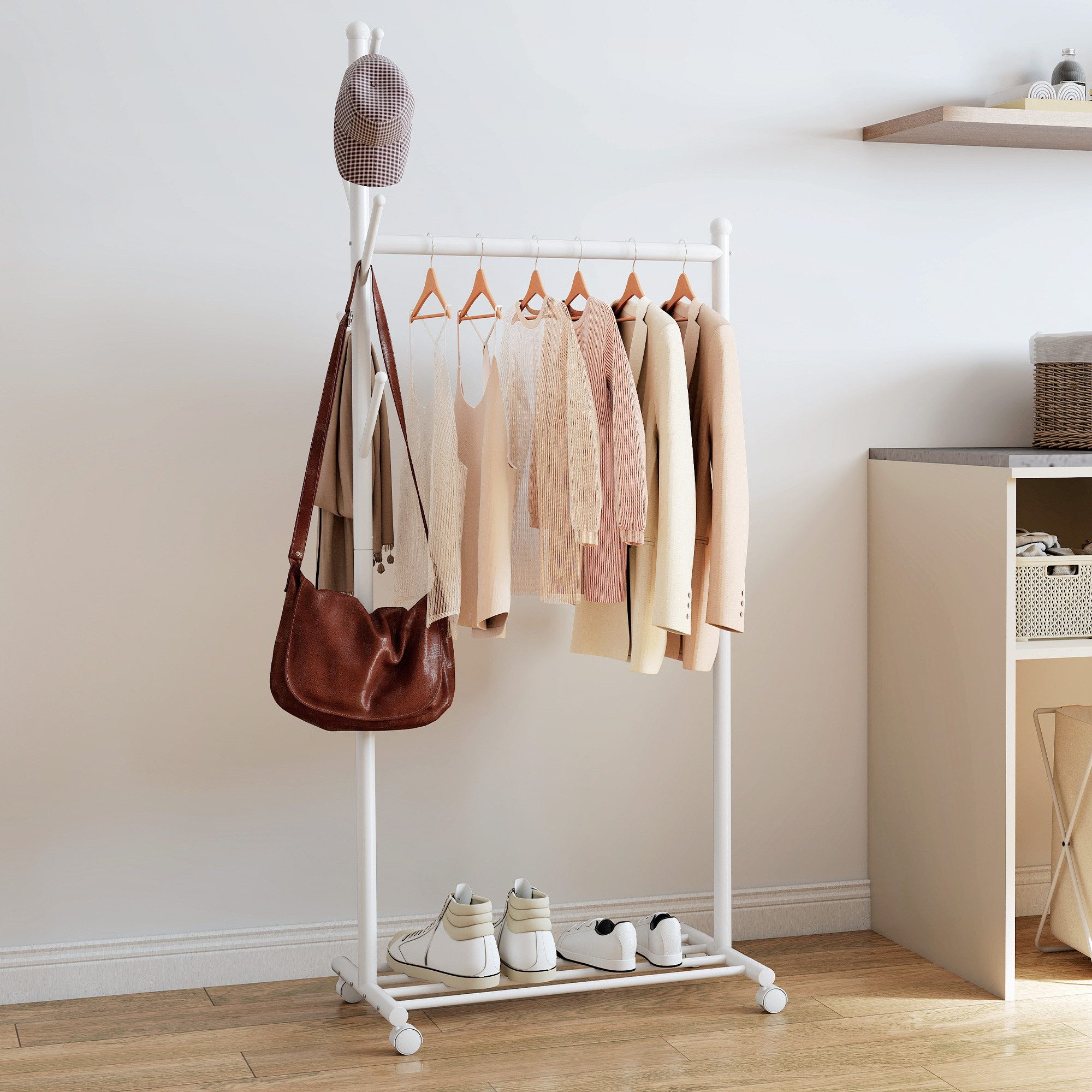 HOMCOM Kleiderständer 5 Haken, (61 cm Stange, 1 St., 4 Räder, Metallrahmen), viel Platz, Weiß