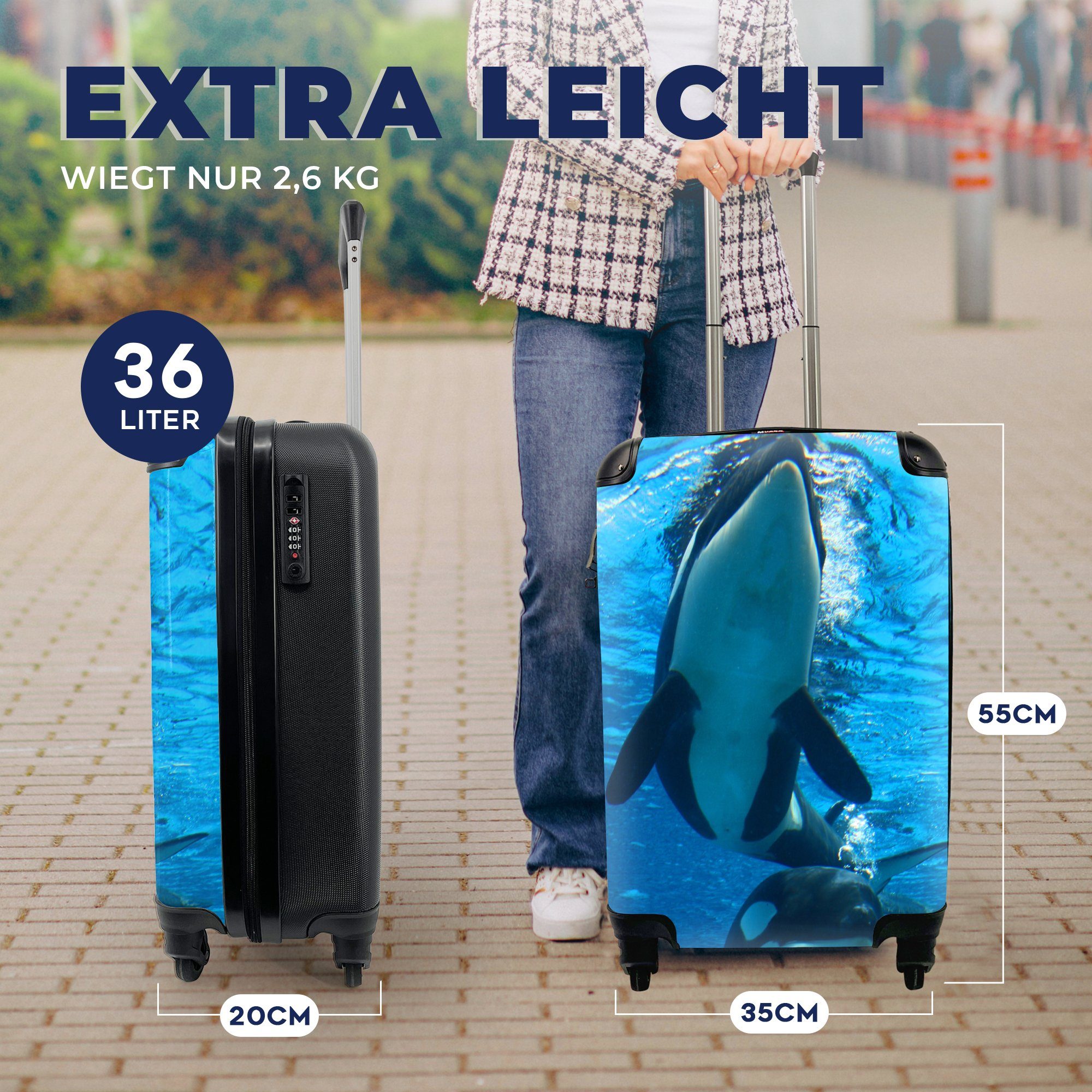 MuchoWow Handgepäckkoffer Zwei Orcas unter Wasser, 4 Rollen, Reisetasche mit rollen, Handgepäck für Ferien, Trolley, Reisekoffer