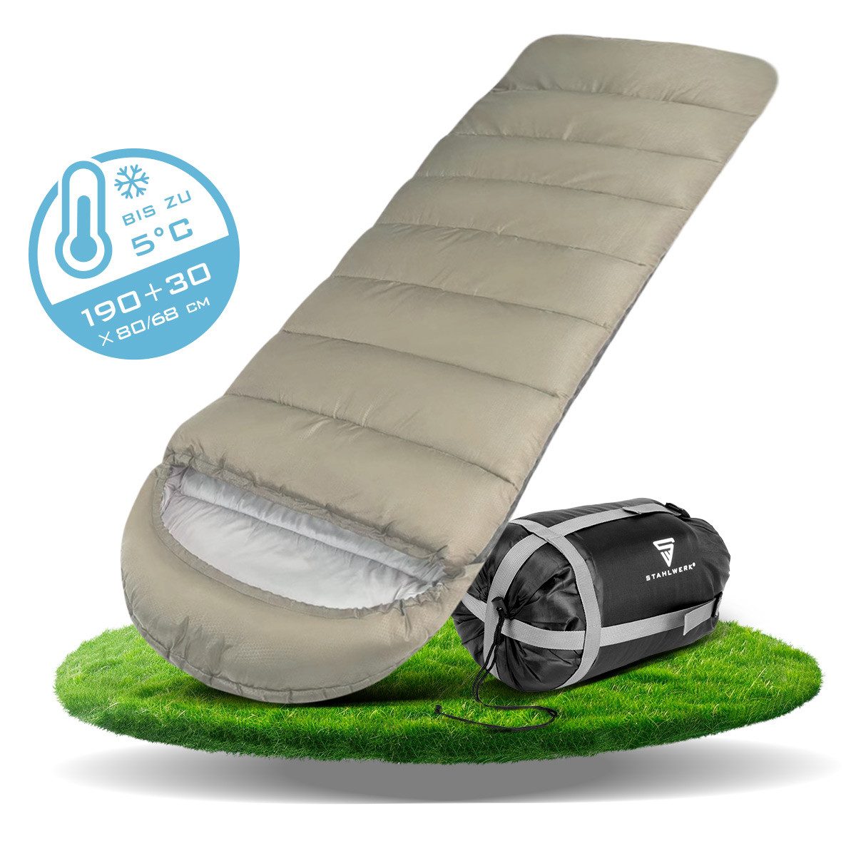STAHLWERK Campingliege Schlafsack SB-600 ST Leichter Outdoorschlafsack bis 5°C, Füllung (Packung, 1-St., Einzelartikel) Schweißer-Gripzangen inklusive Transportkoffer