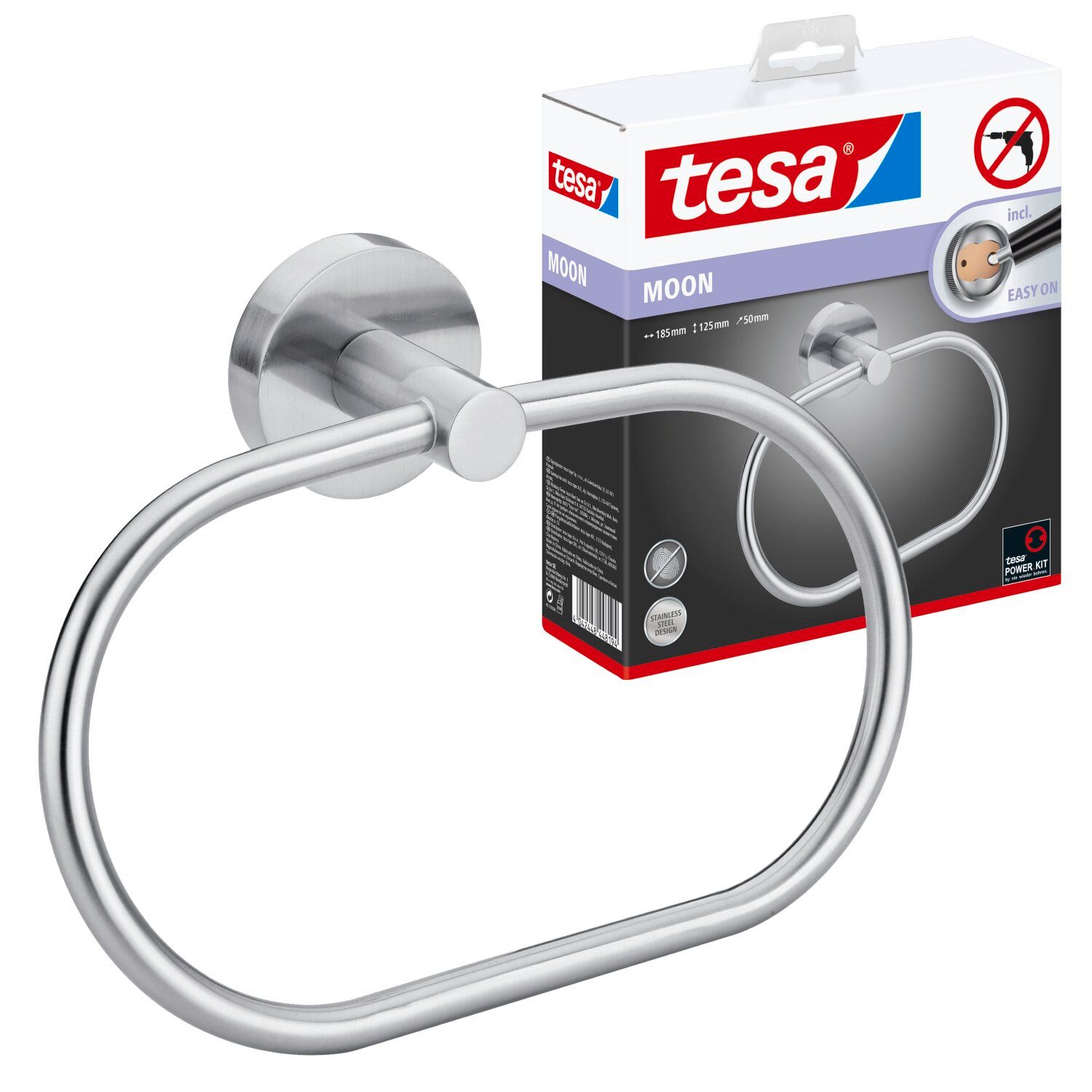 tesa Handtuchring MOON Hantuchring ohne Bohren - 12,5 cm : 18,5 cm : 5,0 cm, selbstklebender Сушки для рушників - Edelstahl - silber matt