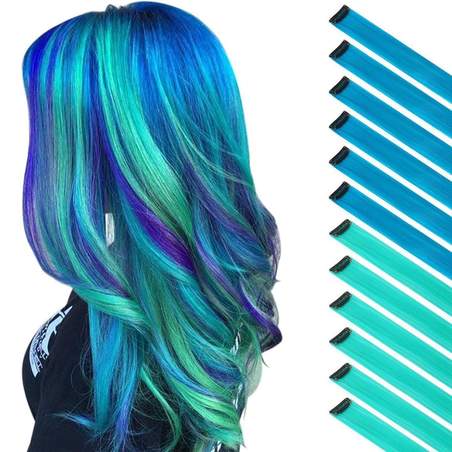 LuxusKollektion Kunsthaar-Extension Haarverlängerung Clip Synthetik 12er 55cm Blaugrün 6 PCS & Blau 6 PCS