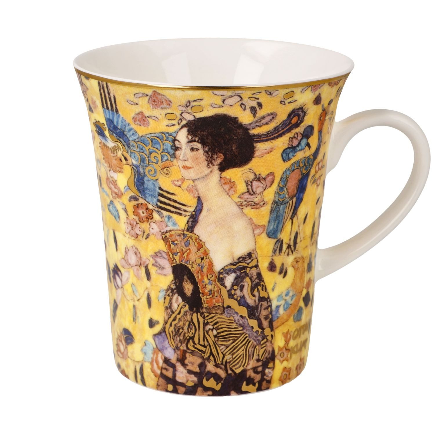 Goebel Tasse Gustav Klimt, Fine Bone China, mit Echtgolfauflage, Bunt, Dame mit Fächer, H: 11cm
