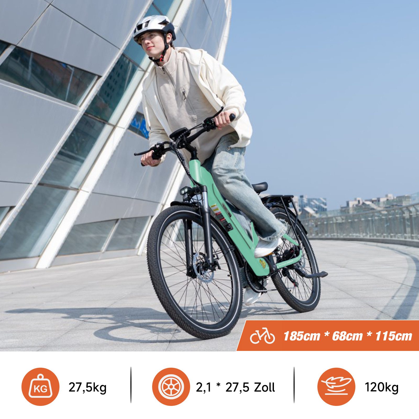 RCB E-Bike Pedelec G5 für Stadt und Gelände,27,5Zoll Herren Elektrofahrrad,13Ah,60-100 km, 7 Gang, Kettenschaltung, Heckmotor, 468 Wh, APP, ebike Herren, Gepäckträger hinten