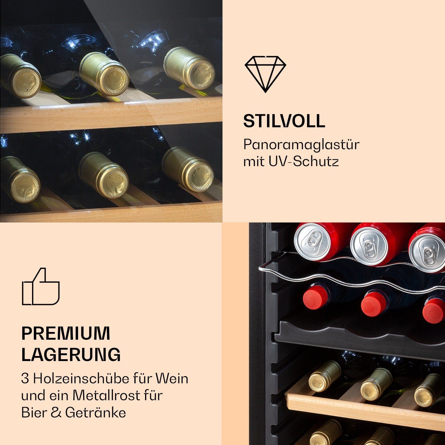 Klarstein Weinkühlschrank Bodega 18 Duo+, Kühlschrank Flaschenkühlschrank 0,75l,Wein Standardflaschen Weinschrank für á 18 Weintemperierschrank