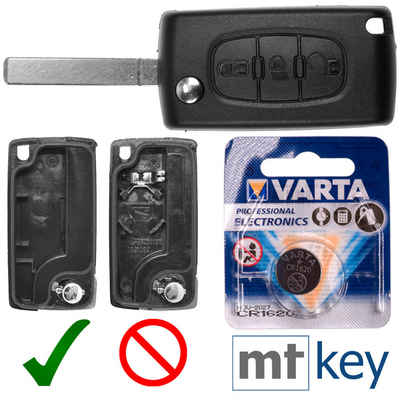 mt-key Auto Klapp Schlüssel Gehäuse 3 Tasten + VA2 Rohling + VARTA CR1620 Knopfzelle, CR1620 (3 V), für Citroen C6 I Peugeot 307 I Funk Fernbedienung