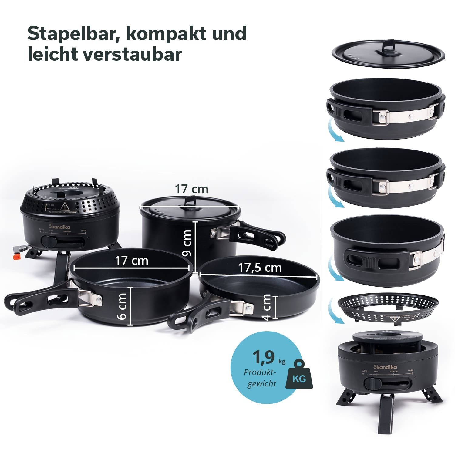 Skandika Gaskocher Campingkocher Rask, mit Geschirr, Topf und Pfanne, Piezozündung, (gepolsterten Netzbeutel, Kocher mit einklappbaren Füßen), Camping Kocher Hybrid, 2 in 1 Betrieb mit Strom oder Gas