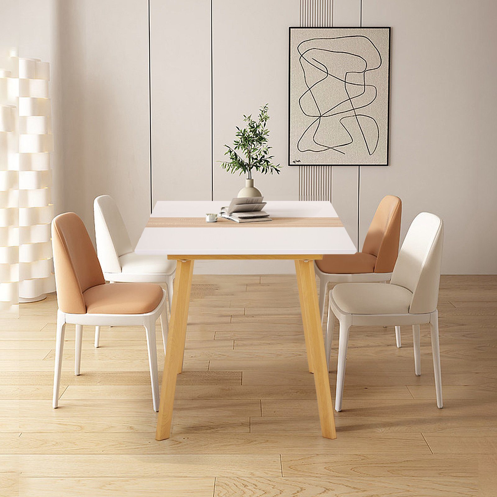 Tischplatte 1-St), mit und Massivholzeinlagen (Stahlrahmen Ausziehbarer Heim Weiß+Holzfarbe und Doppelnutzung mattweiße für Ulife Esstisch Esstisch Büro Vierkantrohrbeine,