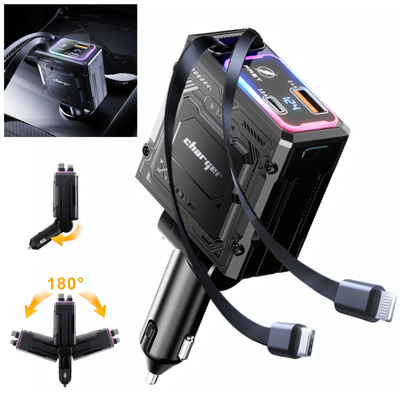 Forrlite Zigarettenanzünder-Verteiler 120W Zigarettenanzünder,4 in 1 Einziehbares Auto Ladegerät Adapter (Handy Schnellladegerät USB Zigarettenanzünder, 120W Super-Schnellladung, 180°Drehbar), Vier Ladeports, alle mit Schnellladefunktion