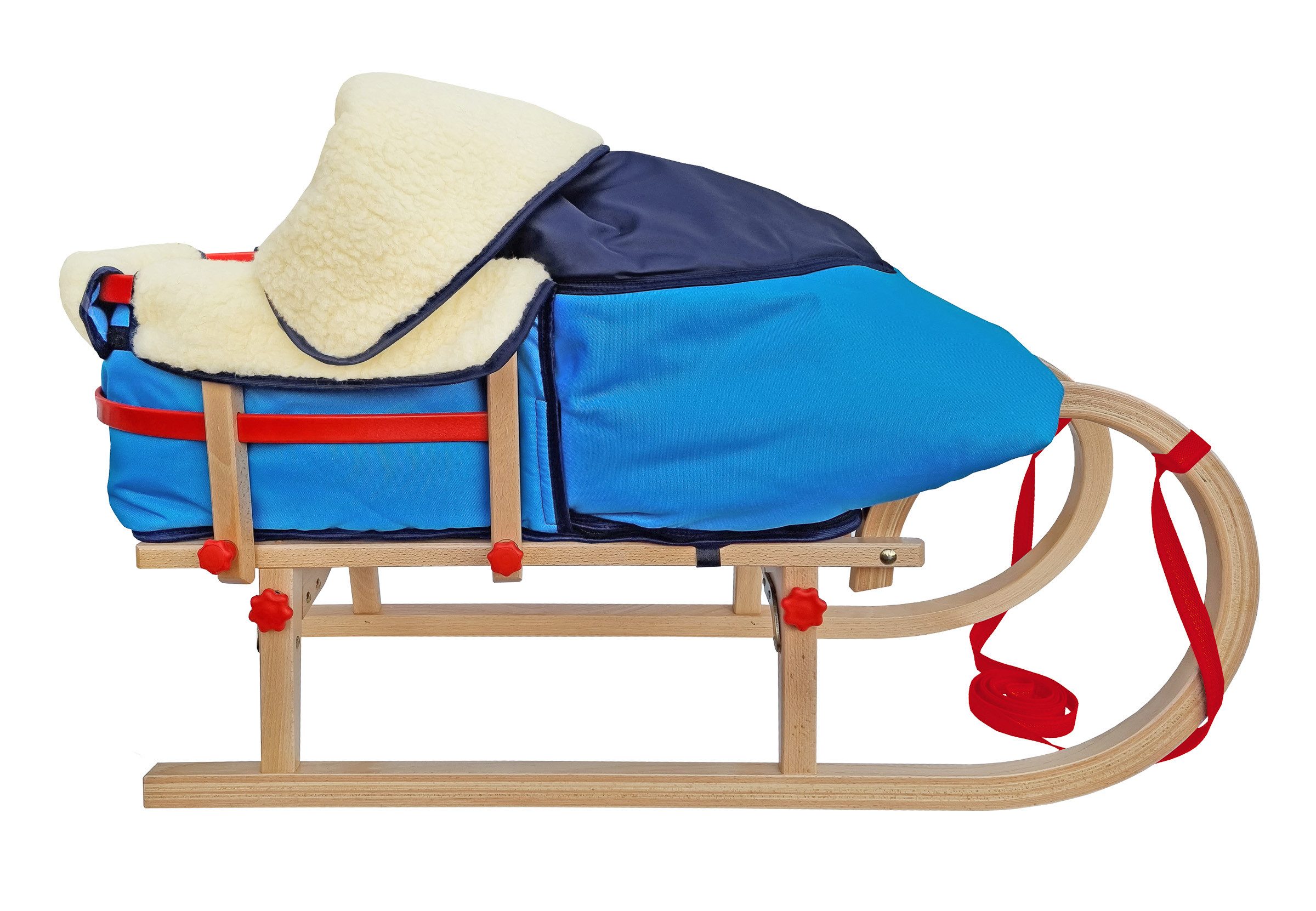 mit Lehne und Fußsack blau
