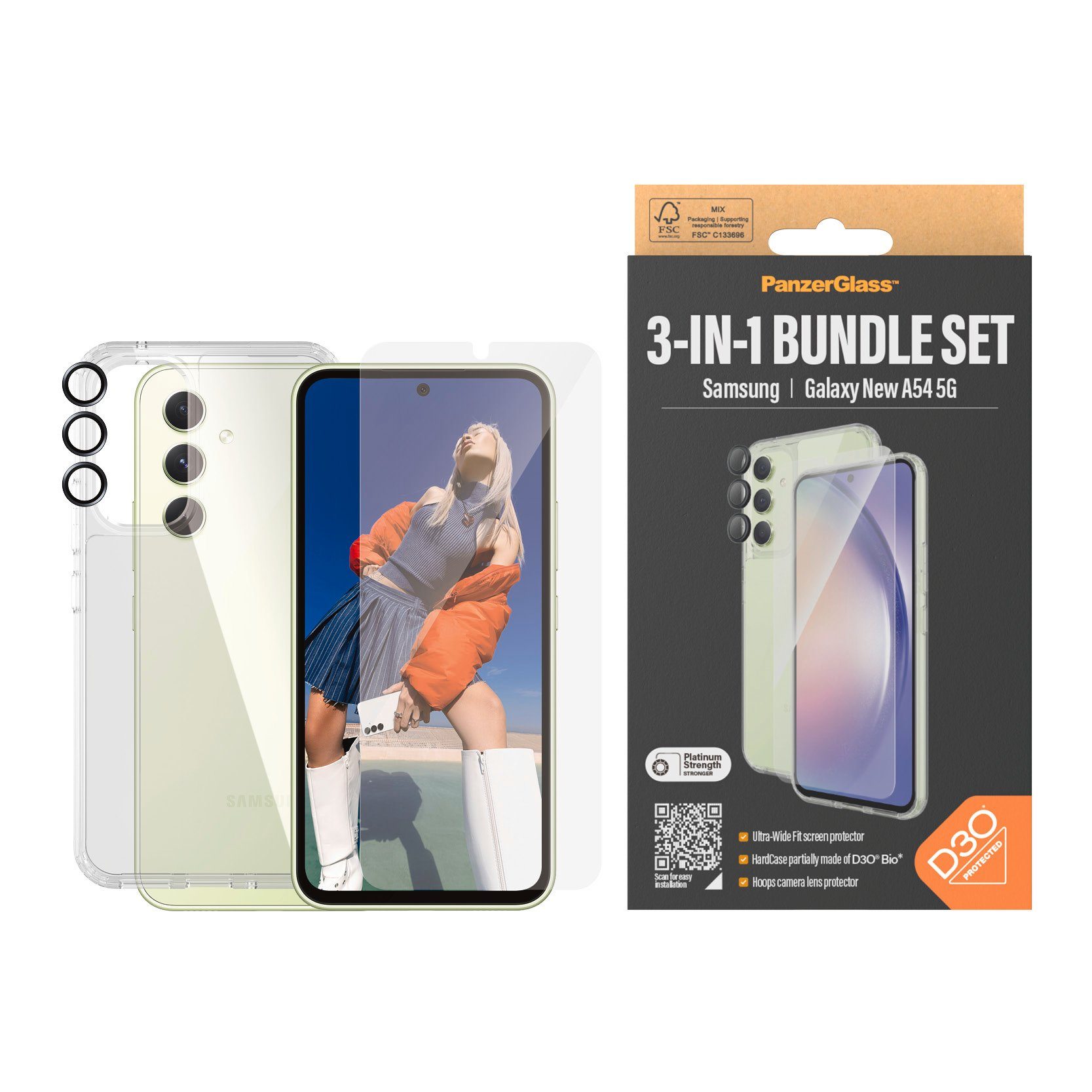 PanzerGlass Displayschutzglas 3-in-1 Bundle Set für Samsung Galaxy A54 5G, UWF für Samsung Galaxy A54 5G