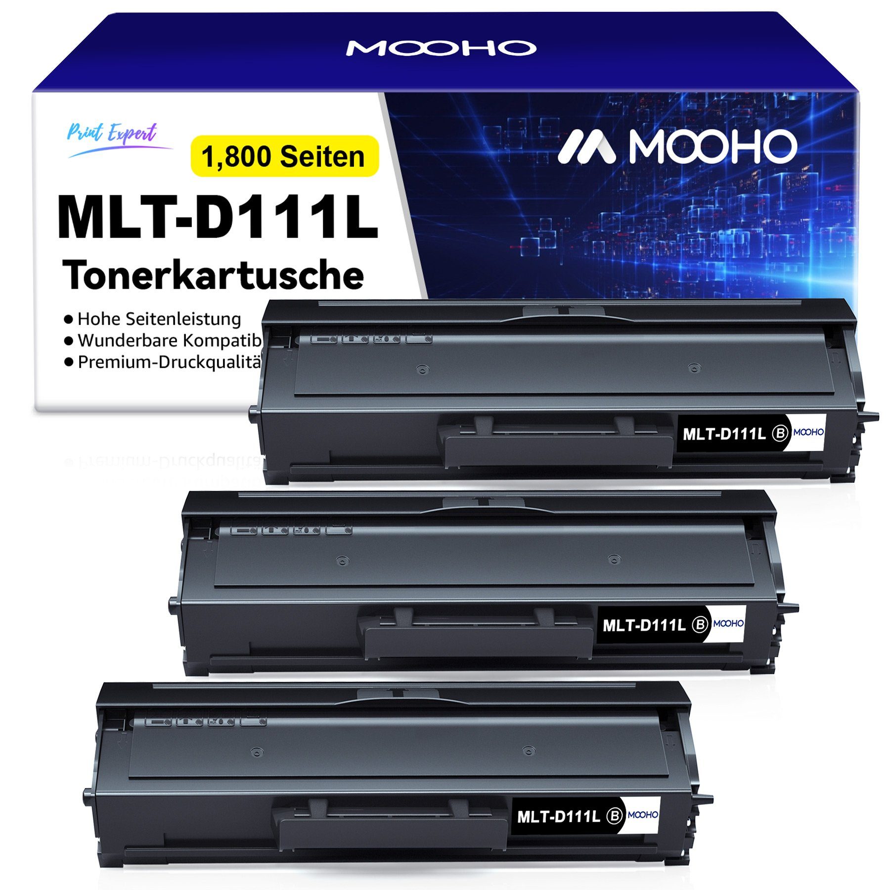 MOOHO Tonerkartusche Ersatz für SAMSUNG MLT-D111S D111L 111S, (1000 Seiten pro Toner 111S; 1800 Seiten pro Toner 111L, 3-St), samsung xpress m2070w m2070 toner XL Schwarz (1,800 *3 Seiten)