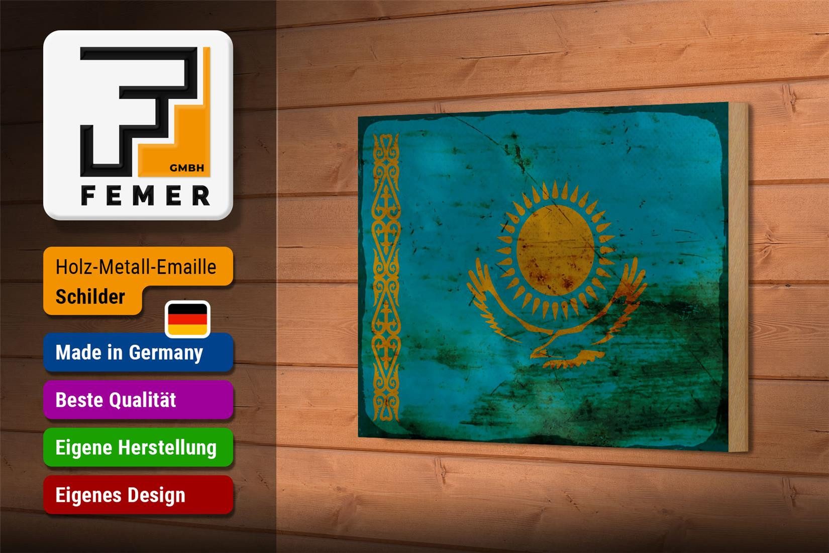 Femer GmbH Holzbild Flagge Kasachstan 18x12 cm Kazakhstan Rost, Flaggen (1 St), Glatte Holzfaserplatte (MDF), vorn beschichtet