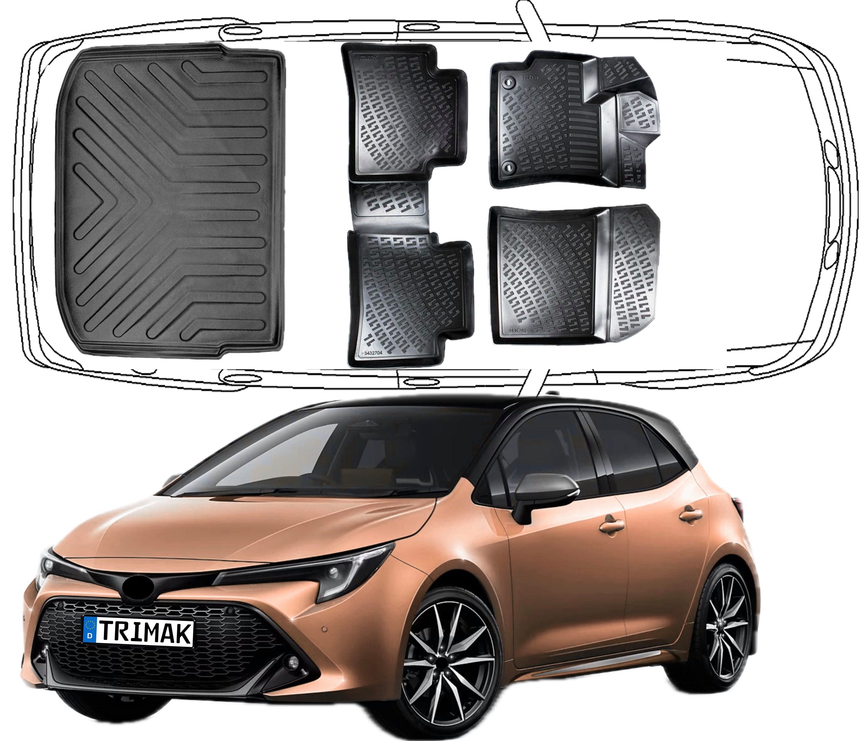 Trimak Passform-Fußmatten Oder Kofferraumwanne Oder Set für Toyota Corolla, Corolla Hatchback E210 Benzin ab 2019 Fuß- & Obere Kofferraummatte
