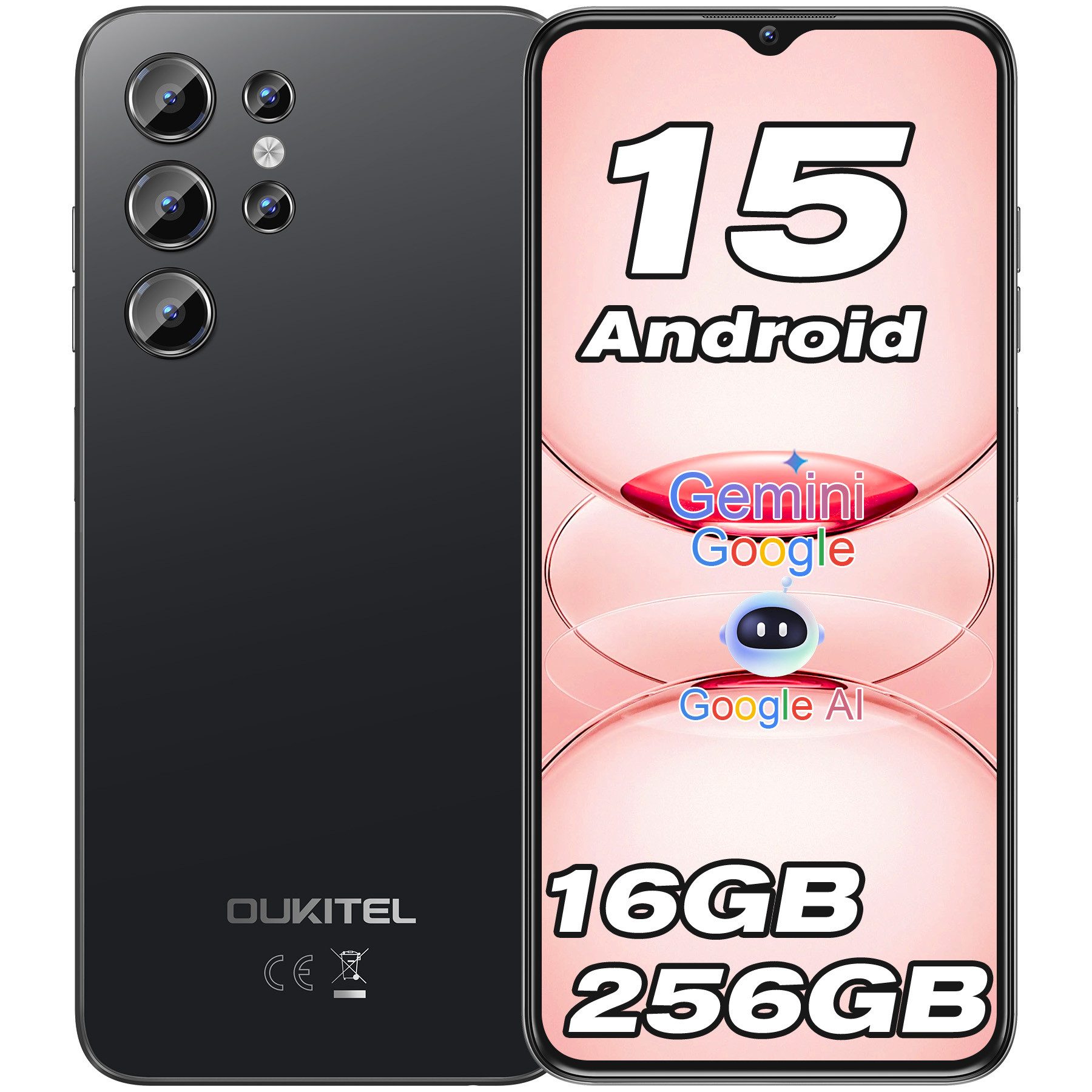 OUKITEL C1 Pro Android 15 Ohne Vertrag Smartphone (16,56 cm/6.52 Zoll, 256 GB Speicherplatz, 13 MP Kamera, 5150mAh, 16GB RAM 256GB ROM, GPS, Face Unlock, 4G Dual SIM)