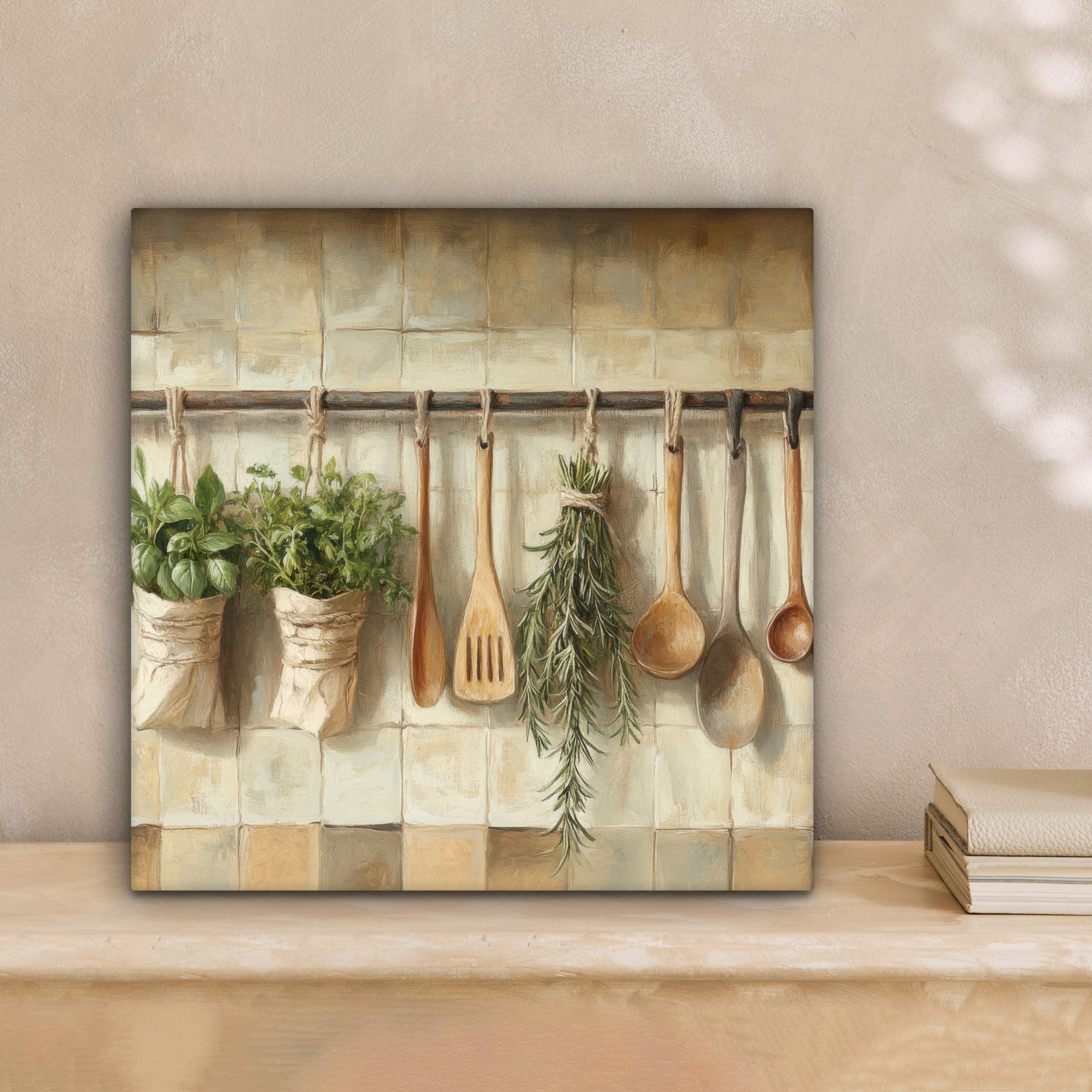 OneMillionCanvasses® Leinwandbild Holz - Küchengeräte - Stilleben - Kacheln günstig online kaufen