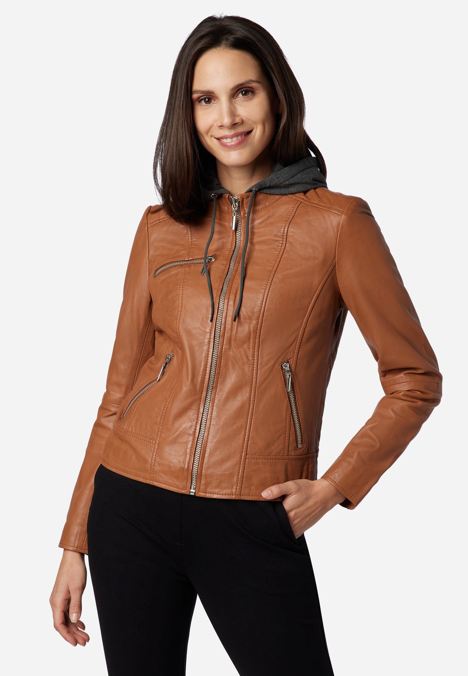 RICANO Lederjacke Nele Hochwertiges Lamm Leder - abtrennbare Kapuze Cognac Braun