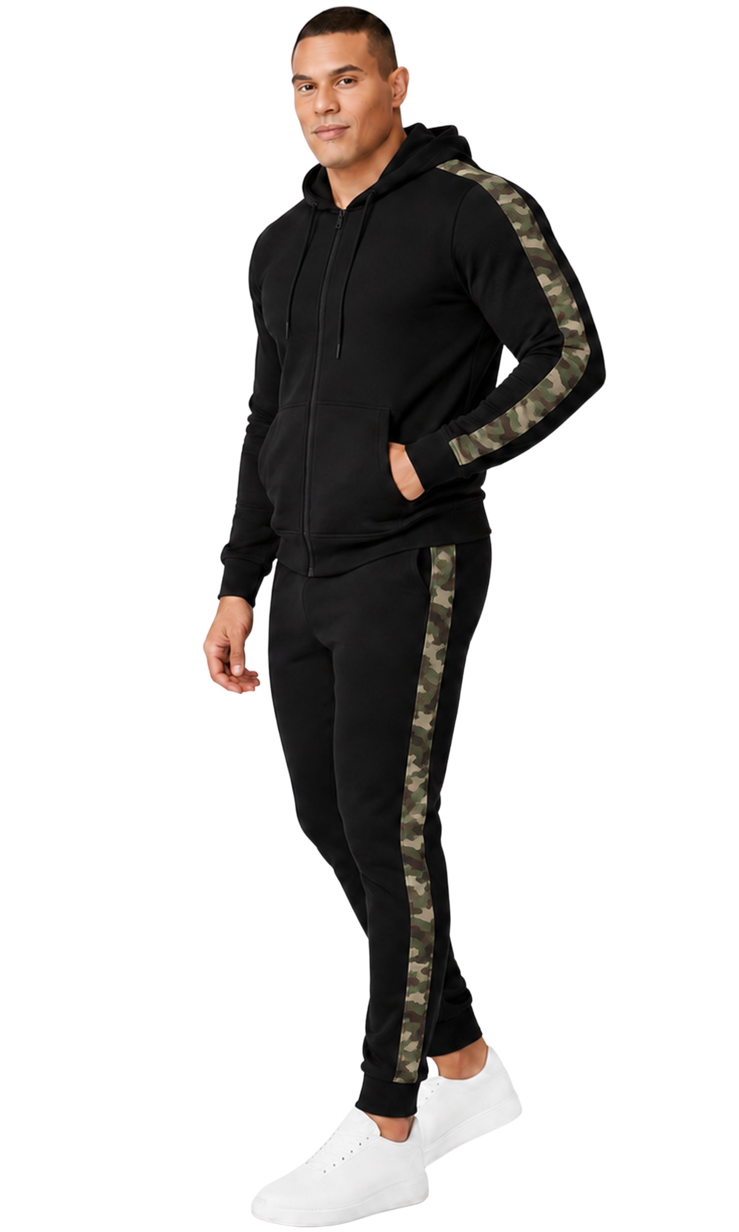 L.gonline Freizeitanzug Herren Jogginganzug zweifarbig sportlich mit Streifen, 526 (Kapuzenjacke mit Reißverschluss, Hose, 2-tlg), Fitness Freizeit Casual