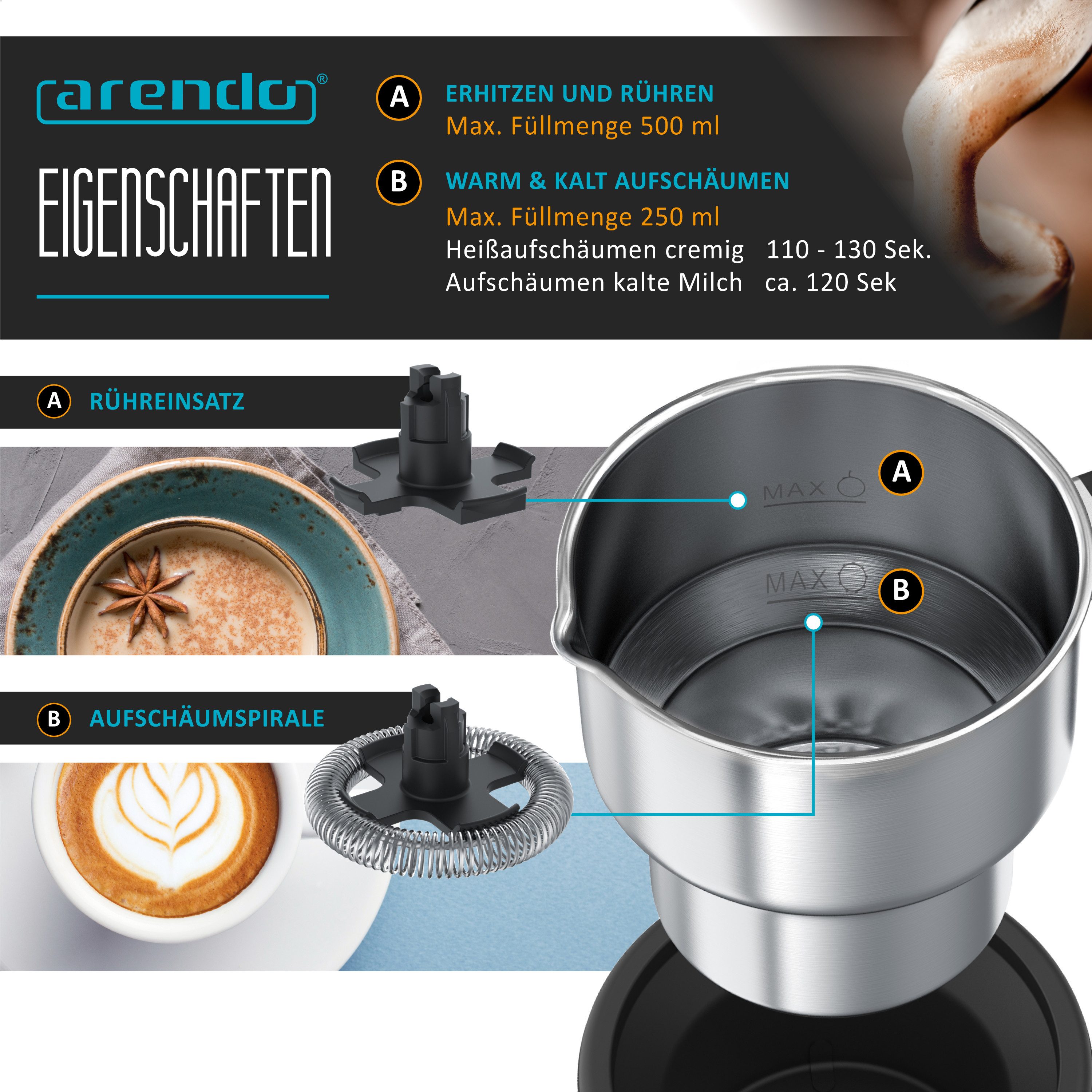 Arendo Milchaufschäumer 3in1 Induktion, warm & kalt Schaum, 400ml, Edelstahl, Latte Art, Milk, 500 W, spülmaschinengeeignet, Milch, Hafermilch, Kakao, Füllskala, Elektrisch