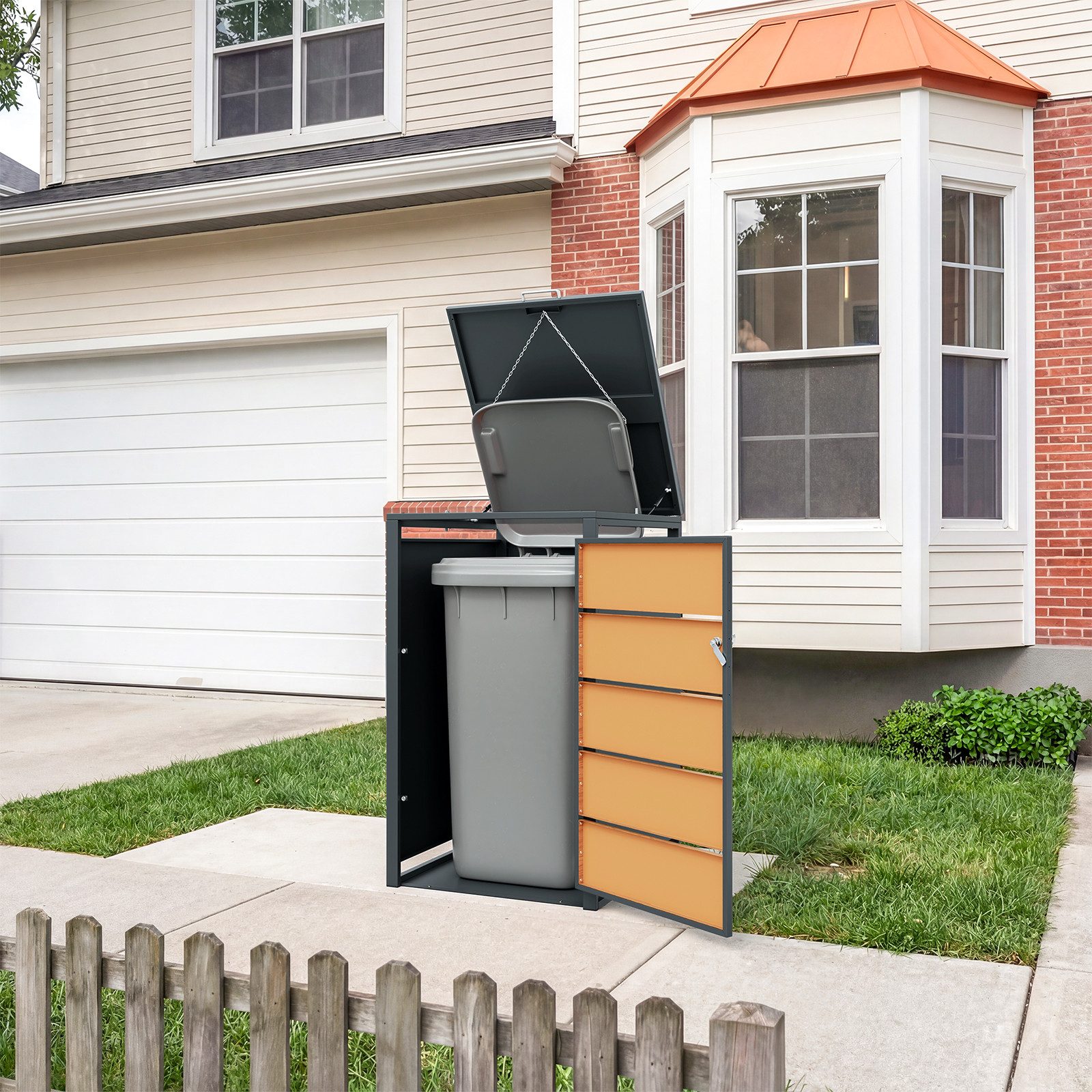 SoBuy Mülltonnenbox OGS63, Mülltonnenverkleidung 240l abschließbar, fahrbar (1er Set), Holzoptik-Front in Anthrazit, Gasdruckfedern und Sicherheitskette