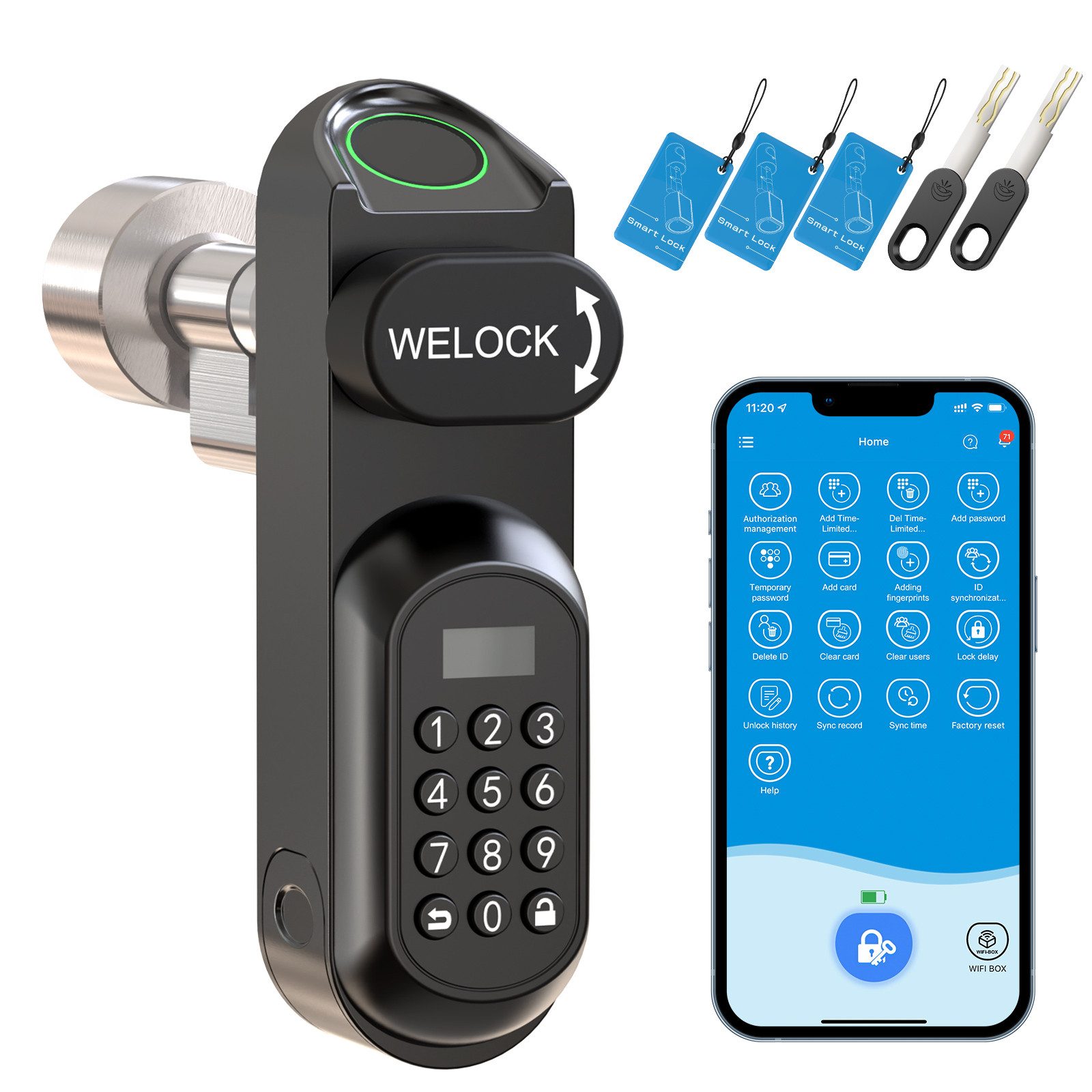 WE.LOCK Schließzylinder WELOCK Elektronisches Türschloss U81 für 50-95 mm Türen, (Packung, Türschloss x1, RFID-Karte x3, Schlüssel x2, Anleitung x1,Zubehörbox x1), Fingerabdruck, Dauer-/Temp-Passwort, RFID, App, Schlüssel, Fernöffnung