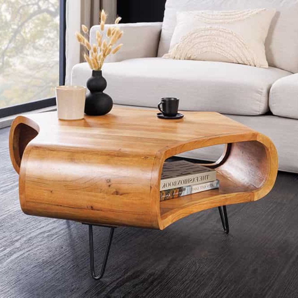 LebensWohnArt Couchtisch Design Couchtisch LIVE-RANIC 90cm braun Akazienholz mit Stauraum