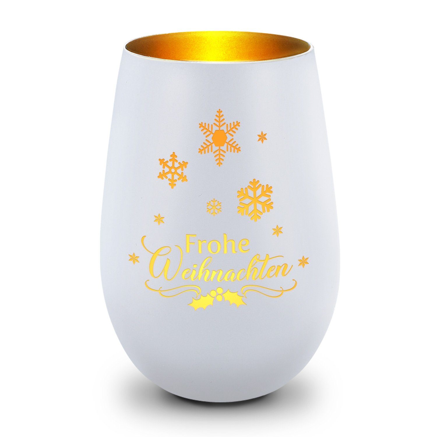 GRAVURZEILE Windlicht aus Glas mit Gravur - Frohe Weihnachten Schneeflocke - Weihnachtsdeko (Weiß/Gold), Geschenke für Frauen und Männer zum Geburtstag und weitere Anlässe