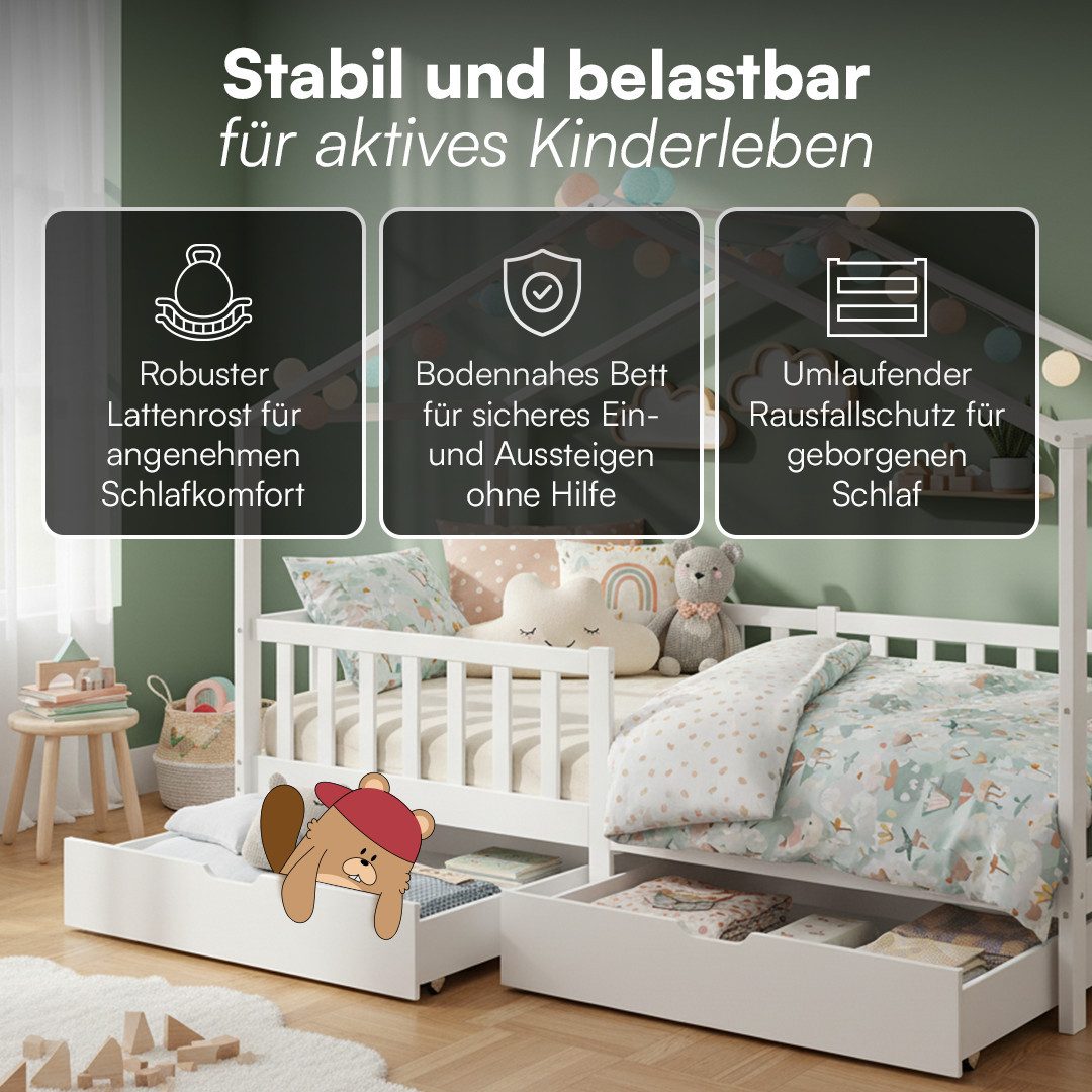 Bellabino Kinderbett Bia mit Rausfallschutz & Lattenrost (weiß, mit zwei Schubladen), Kinderbett aus Kiefernholz, verfügbar in 80x160/90/120/140x200 cm