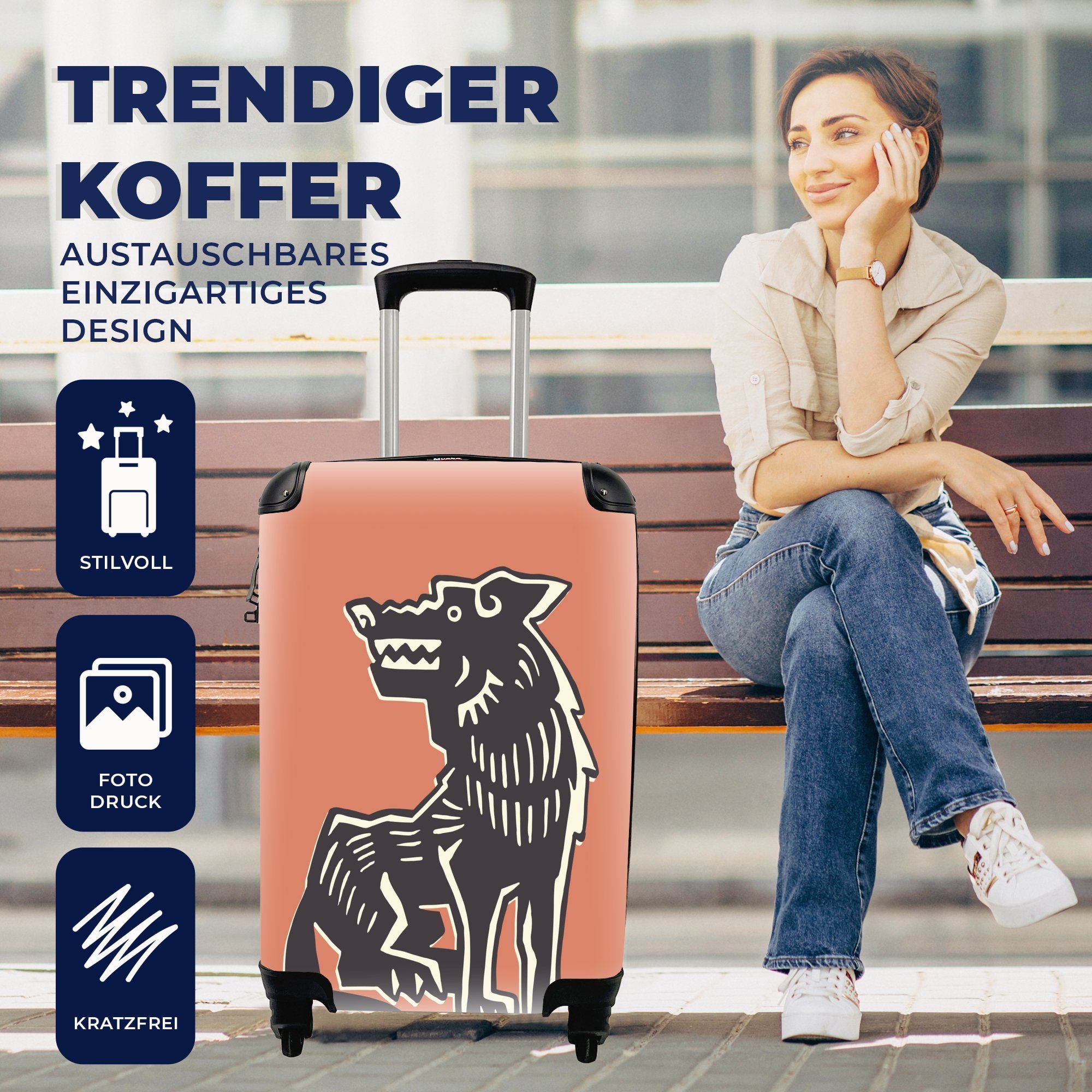 Handgepäck Rosa Reisekoffer 4 -Tier, Trolley, - Handgepäckkoffer Wolf rollen, Reisetasche Ferien, Rollen, mit MuchoWow für