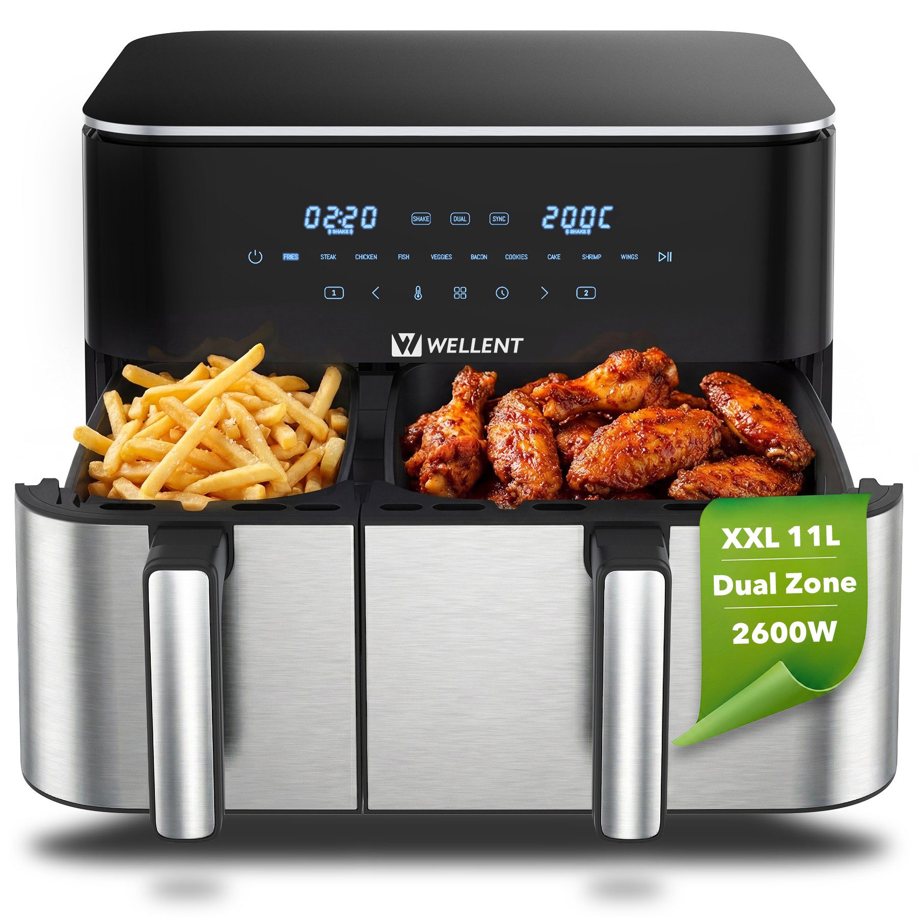 WELLENT Heißluftfritteuse XXL 11L Airfryer Dual Zone 2600W – Heißluftfritteuse mit 2 Körben (4L+7L),10 Programme, 2600 W, LED Touchscreen, Sync & Shake,Spülmaschinenfest,Ohne PFAS