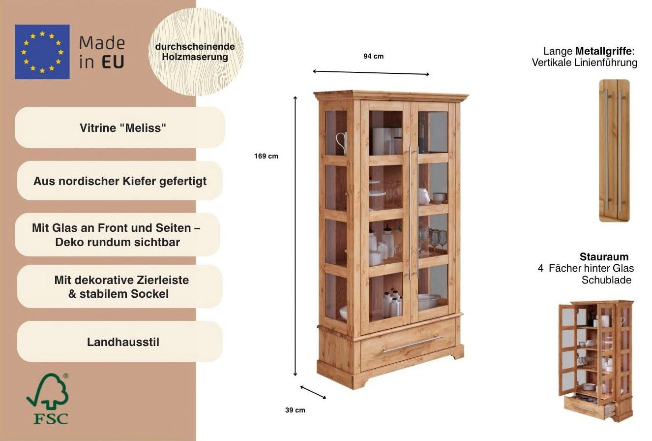 OTTO home Vitrine Melissa Höhe 169 cm, Breite 94 cm, 2-türig, Kiefer massiv, FSC®
