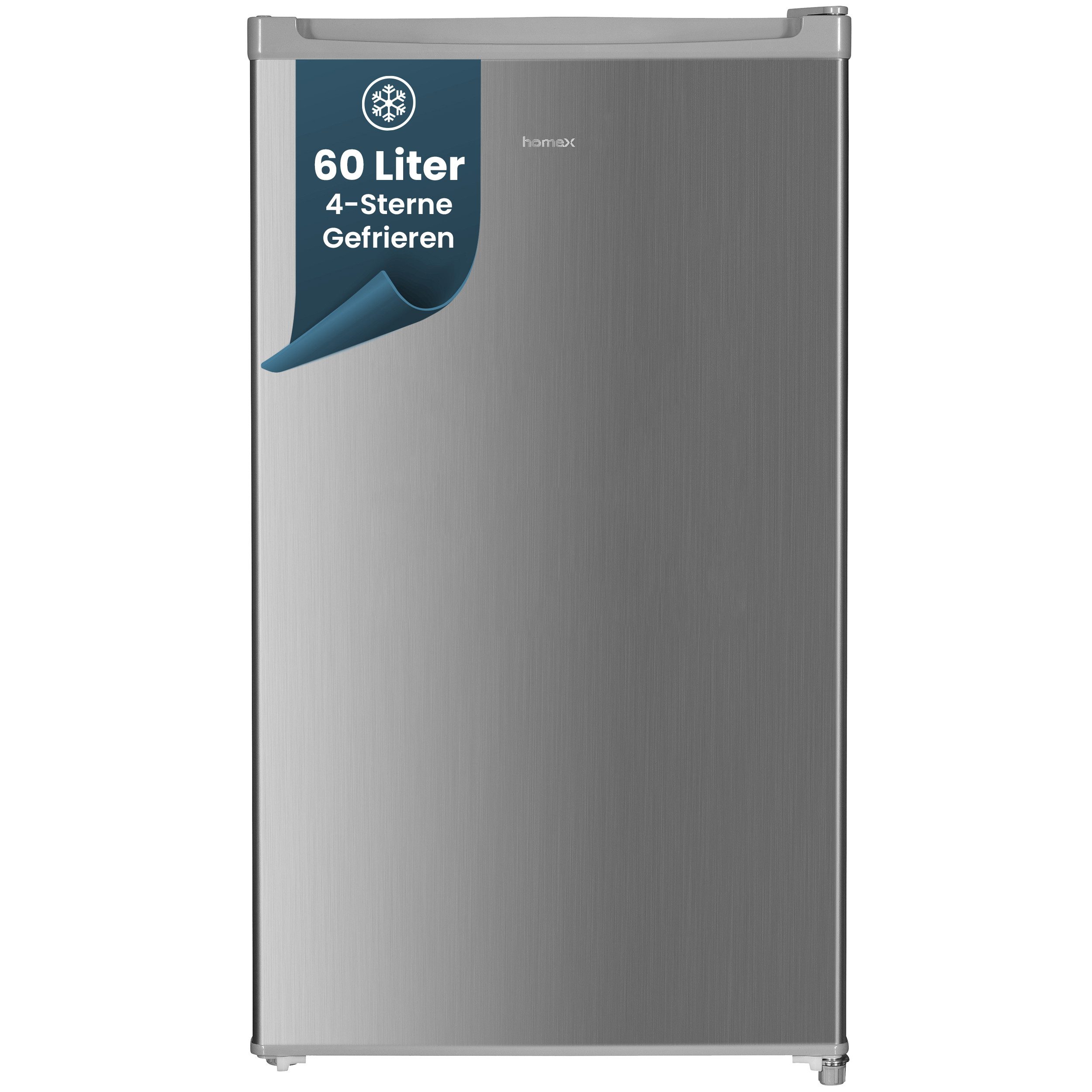 homeX Gefrierschrank FS1016-S, 85 cm hoch, 47.5 cm breit, 60 Liter, Tiefkühlschrank klein, Freezer, 4-Sterne Gefrieren, leise