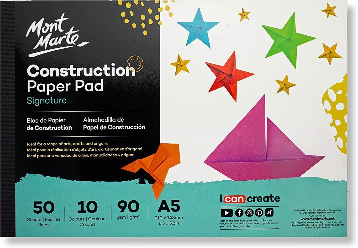 Mont Marte Bastelkartonpapier Bastelpapier-Set mit 50 x Blatt, A5 oder A4, 90 gr², je 5 x 10 Farben, leicht texturiert