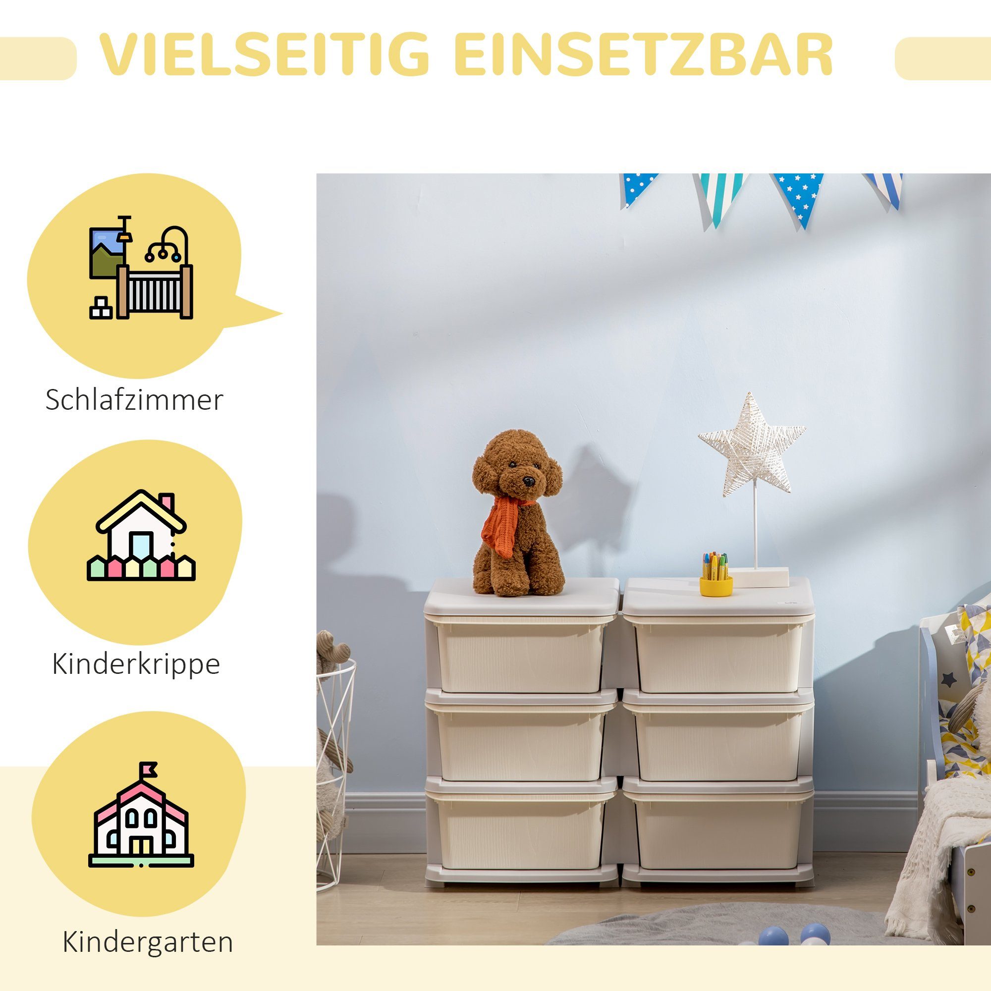 HOMCOM Spielzeugtruhe Schubladenschrank für Kinder, mit 6 Ebenen (Spielzeugkiste, 1 St., Aufbewahrungsbox), für Kinderzimmer, Cremeweiß
