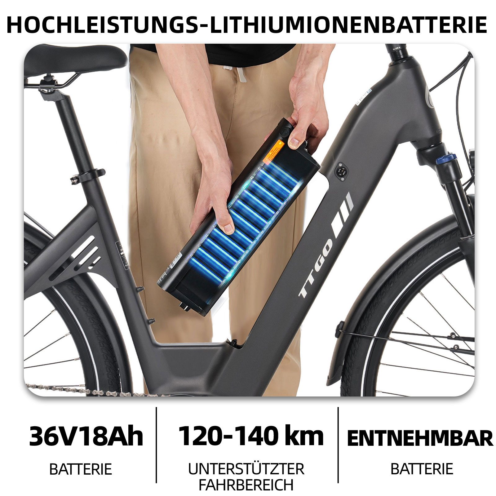 TTGO E-Bike Cityrad 28 Zoll, 75Nm Mittelmotor, 650Wh bis zu 140km, Lockout-Federgabel, 9 Gang Shimano, Kettenschaltung, Mittelmotor, 650 Wh, (Pedelec, Farb-LCD- – Bild 3 von 5