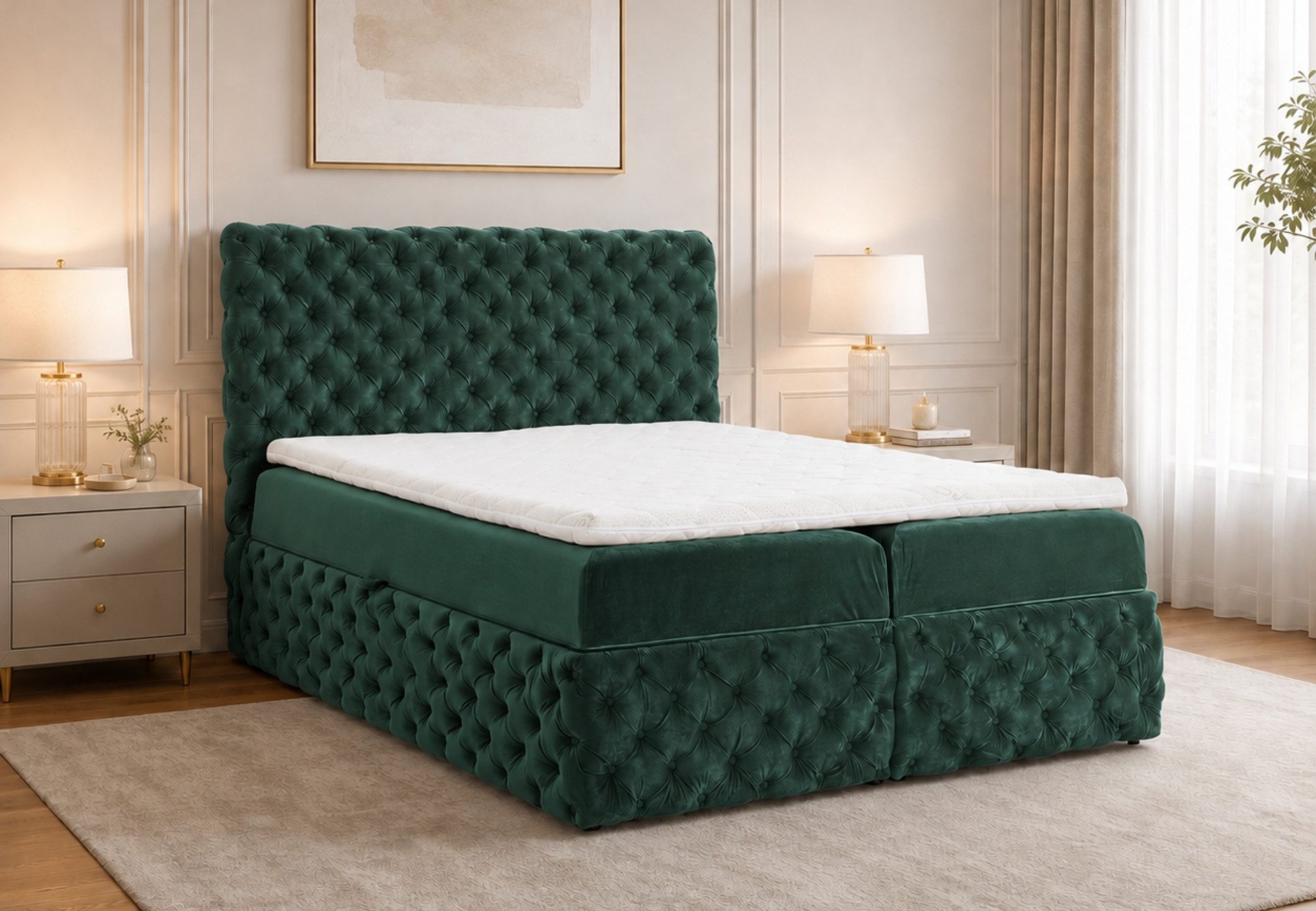 Home Collective Boxspringbett Polsterbett Doppelbett Bett mit Stauraum und Topper (mit Taschenfederkern-Matratze & leichtgängiger Federmechanik), robuster Velours-Stoff, edles Design mit Knopfsteppung Grün