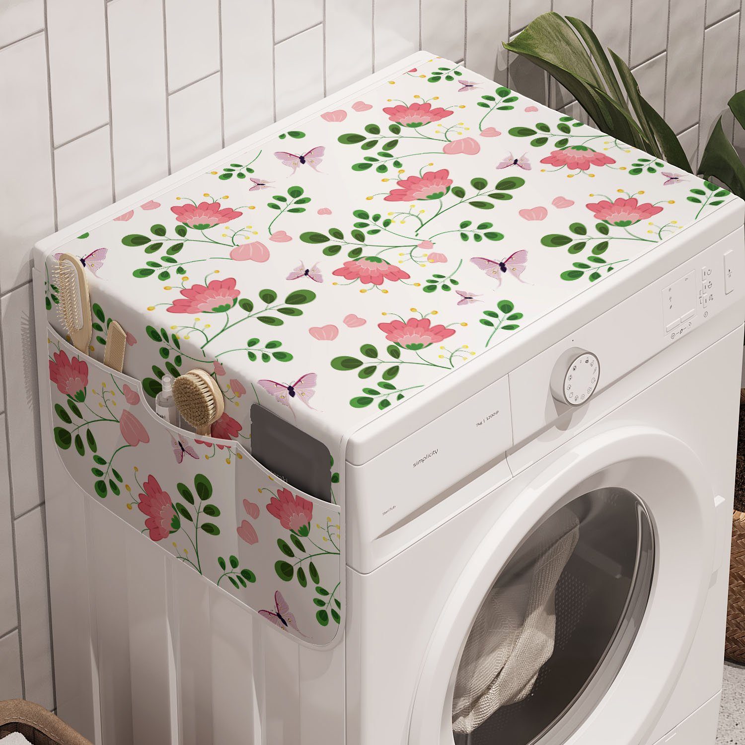 Abakuhaus Badorganizer Anti-Rutsch-Stoffabdeckung für Waschmaschine und Trockner, Frühling Blumen Schmetterlinge